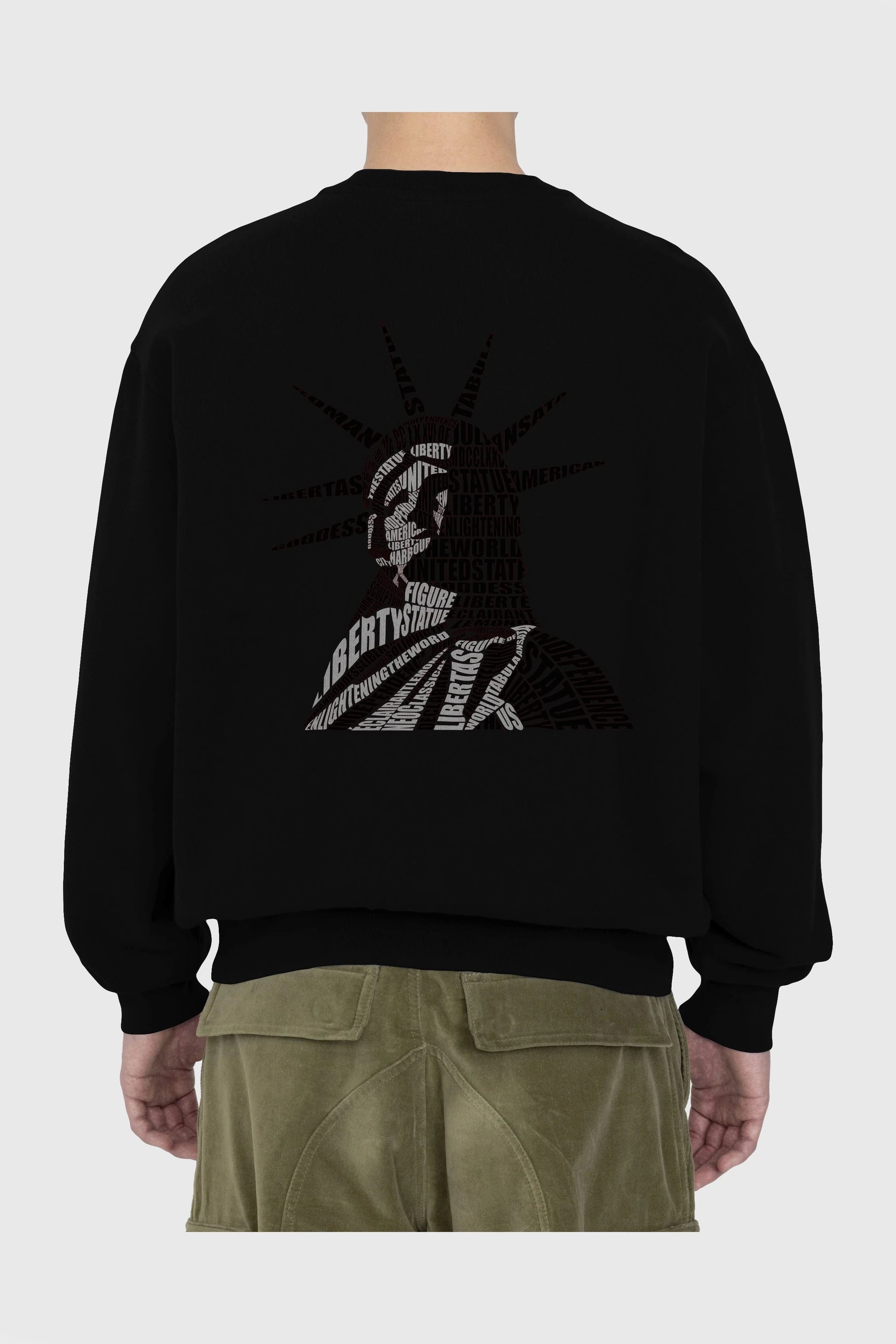 Liberty Statue Calligram Arka Baskılı Oversize Sweatshirt Erkek Kadın Unisex