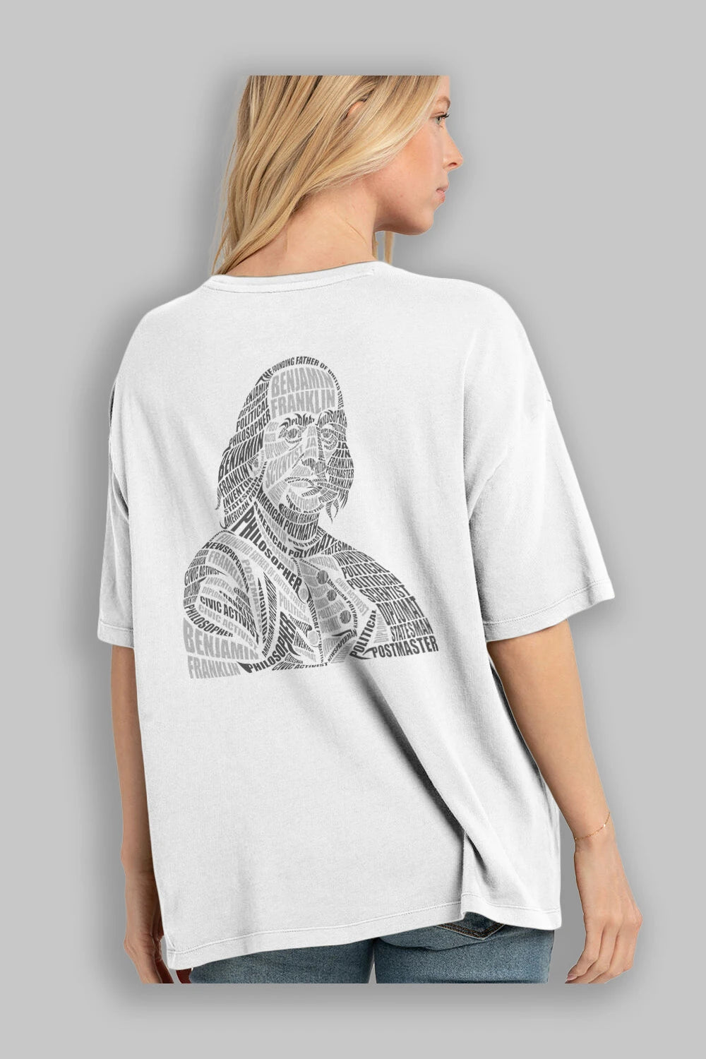 Benjamin Franklin Calligram Arka Baskılı Oversize t-shirt %100 pamuk Erkek Kadın Unisex