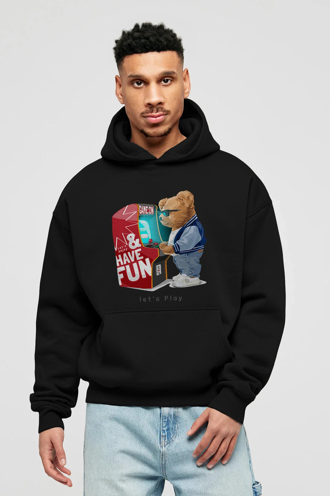 Teddy Bear Lets Play Ön Baskılı Hoodie Oversize Kapüşonlu Sweatshirt Erkek Kadın Unisex