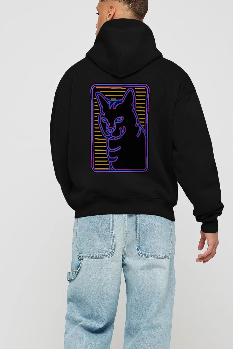 Neon Cat Arka Baskılı Hoodie Oversize Kapüşonlu Sweatshirt Erkek Kadın Unisex
