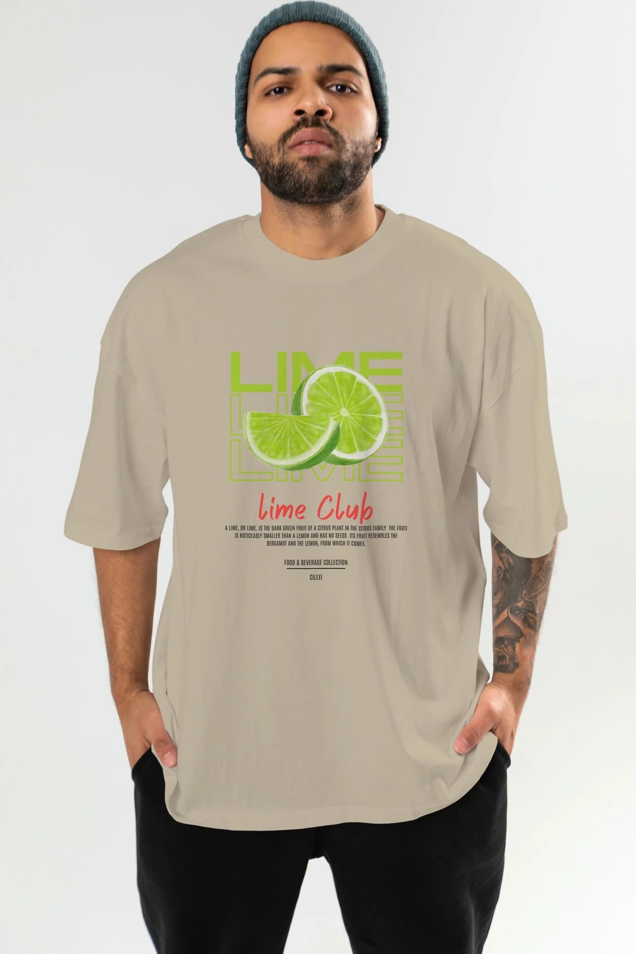 Lime Kokteyl Serisi ön Baskılı Oversize t-shirt Erkek Kadın %100 Pamuk Bisiklet Yaka tişort
