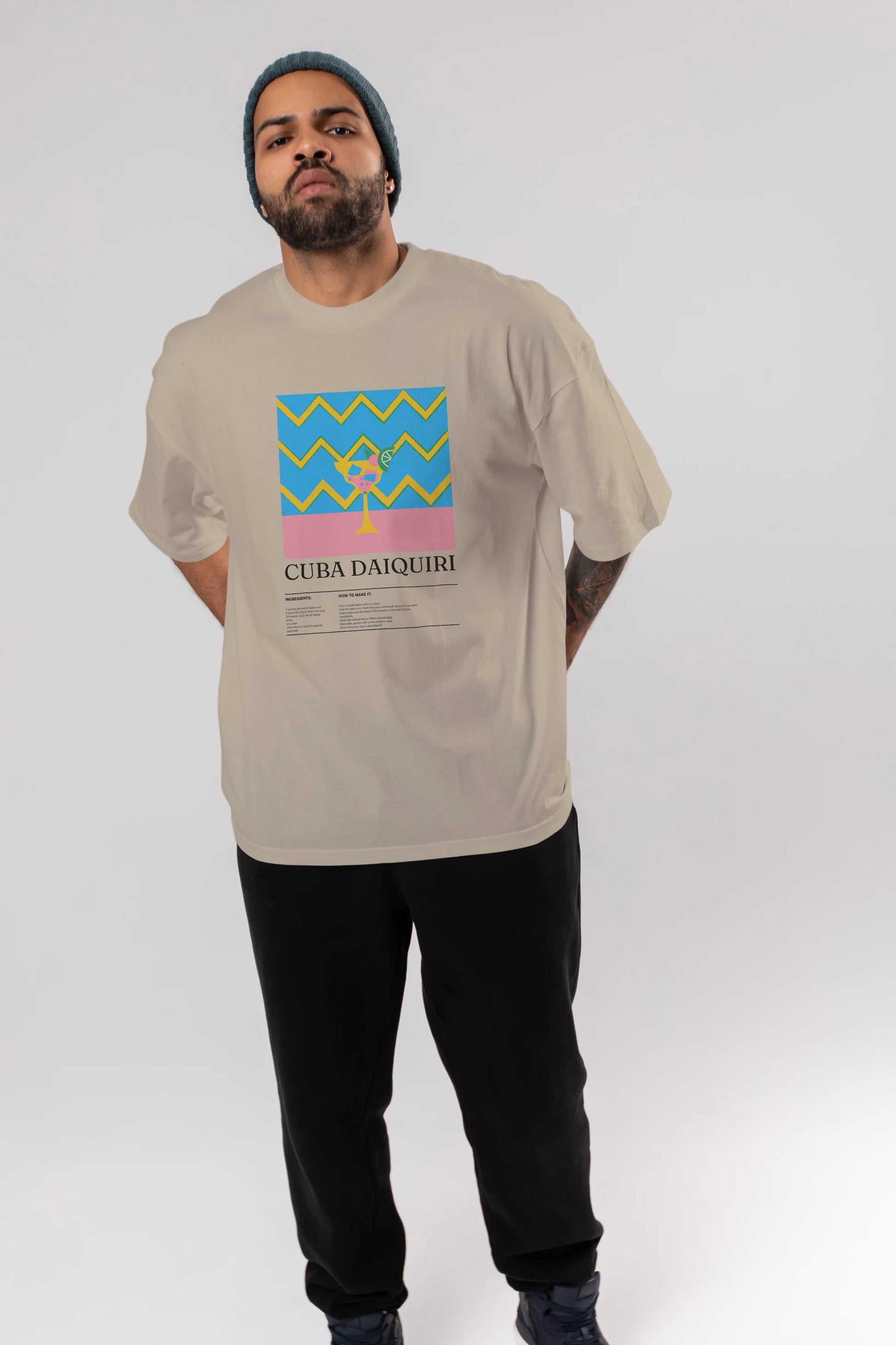 Cuba Daiquiri Kokteyl Ön Baskılı Oversize t-shirt Erkek Kadın %100 Pamuk Bisiklet Yaka tişort