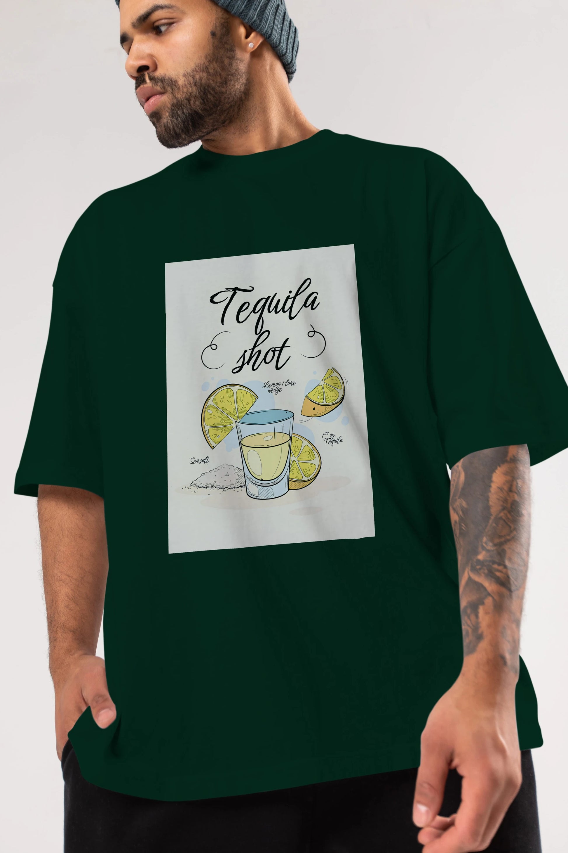 Tequila Shot Ön Baskılı Oversize t-shirt Erkek Kadın Unisex %100 Pamuk Bisiklet Yaka tişort