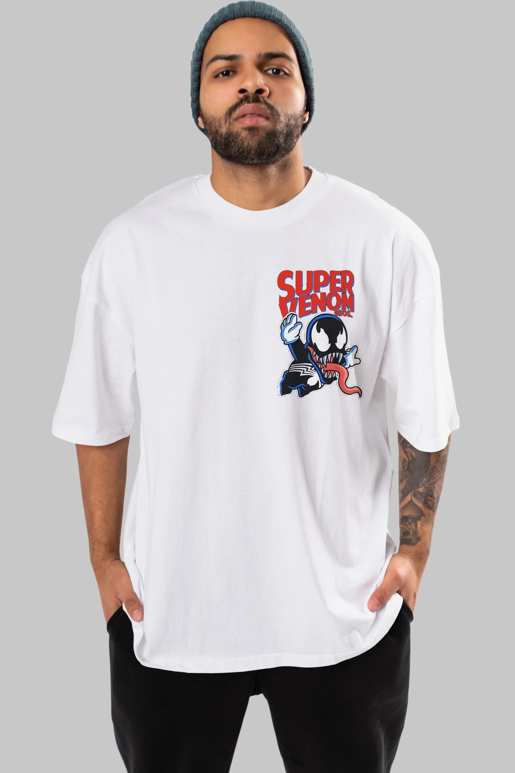 Super Venom Ön Sol Baskılı Oversize t-shirt Erkek Kadın Unisex %100 Pamuk Bisiklet Yaka tişort
