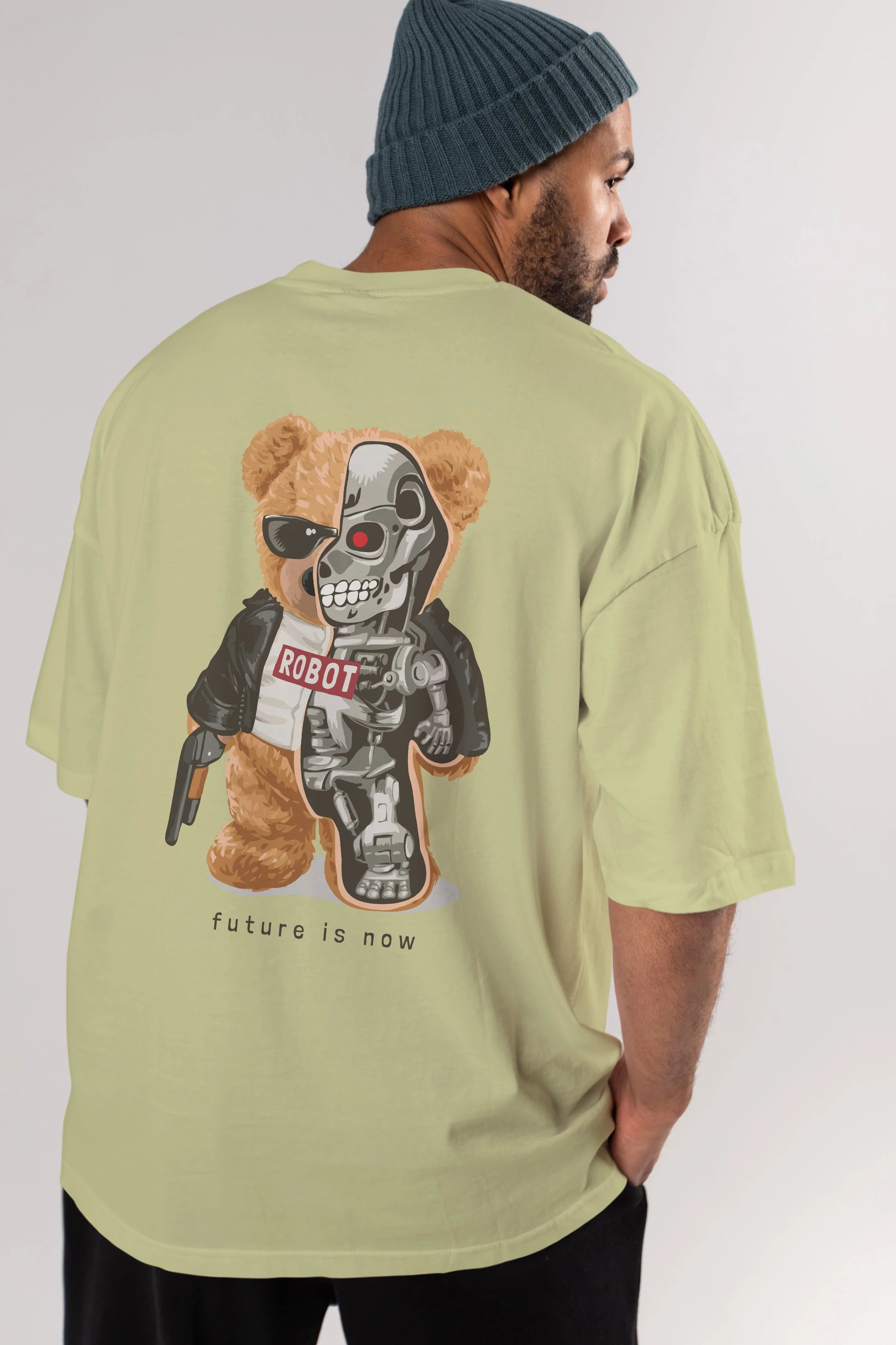 Teddy Bear Robot Arka Baskılı Oversize t-shirt Erkek Kadın Unisex %100 Pamuk