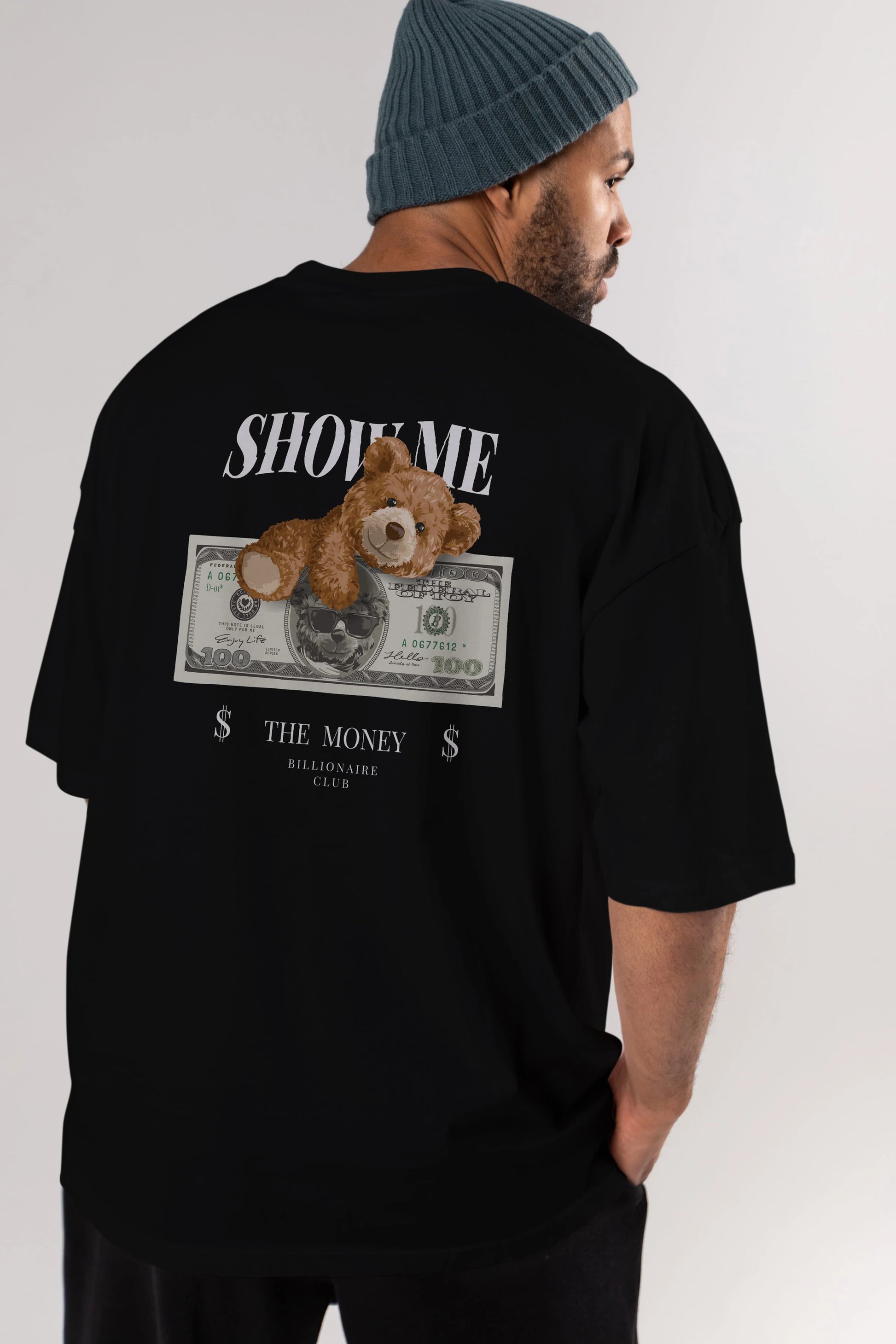 Teddy Bear The Money Arka Baskılı Oversize t-shirt Erkek Kadın Unisex %100 Pamuk