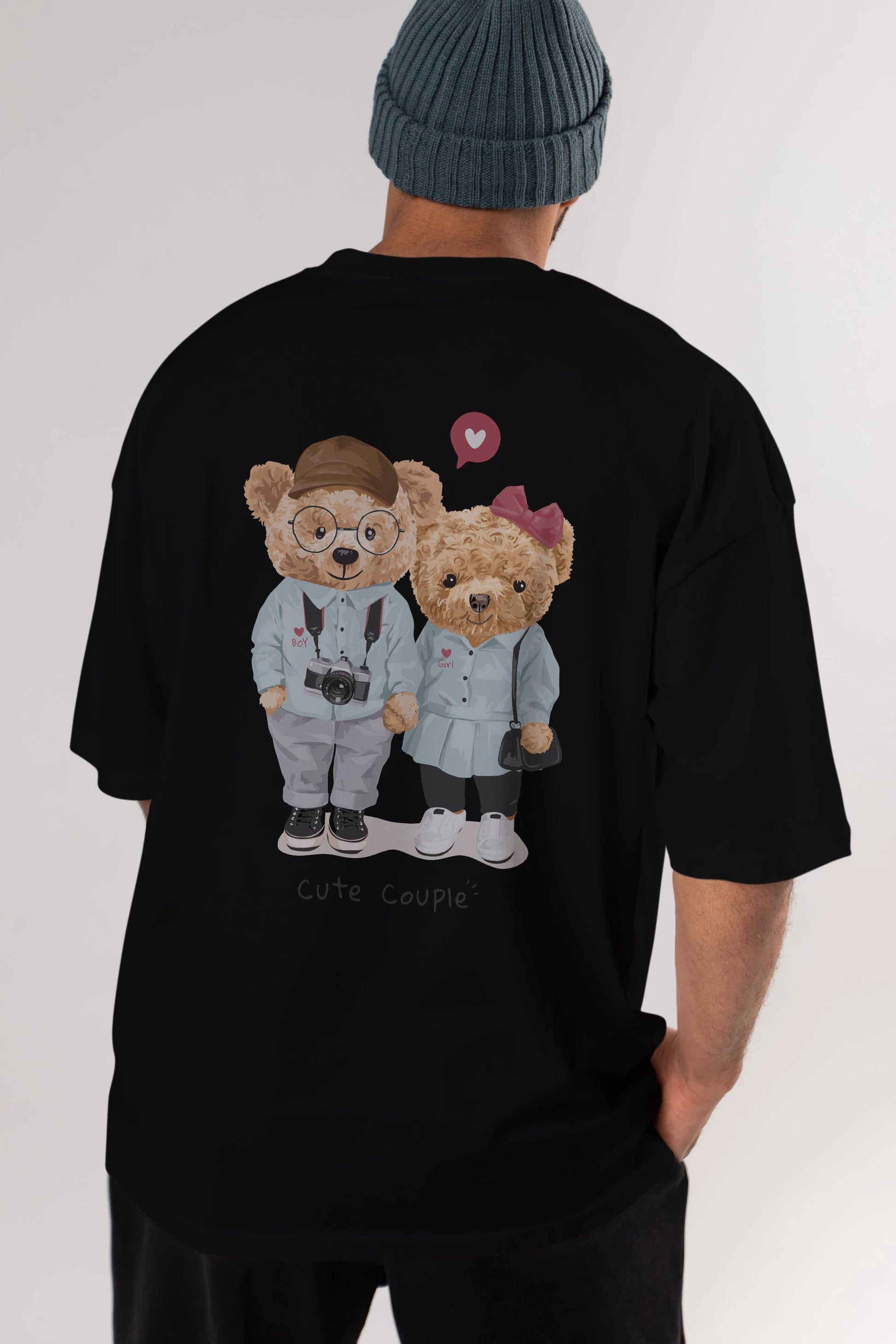 Teddy Bear Cute Couple Arka Baskılı Oversize t-shirt Erkek Kadın Unisex %100 Pamuk