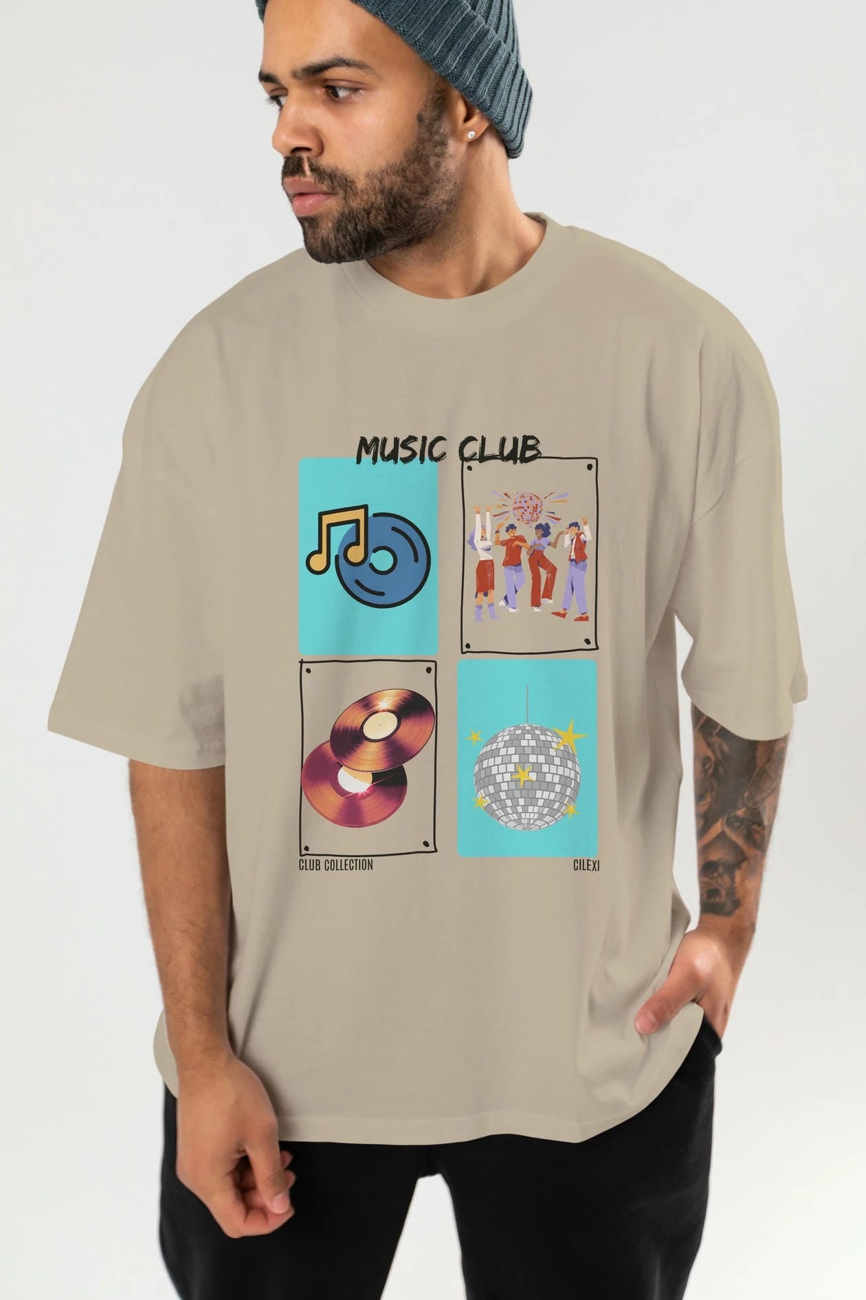 Music Club ön Baskılı Oversize t-shirt Erkek Kadın %100 Pamuk Bisiklet Yaka tişort