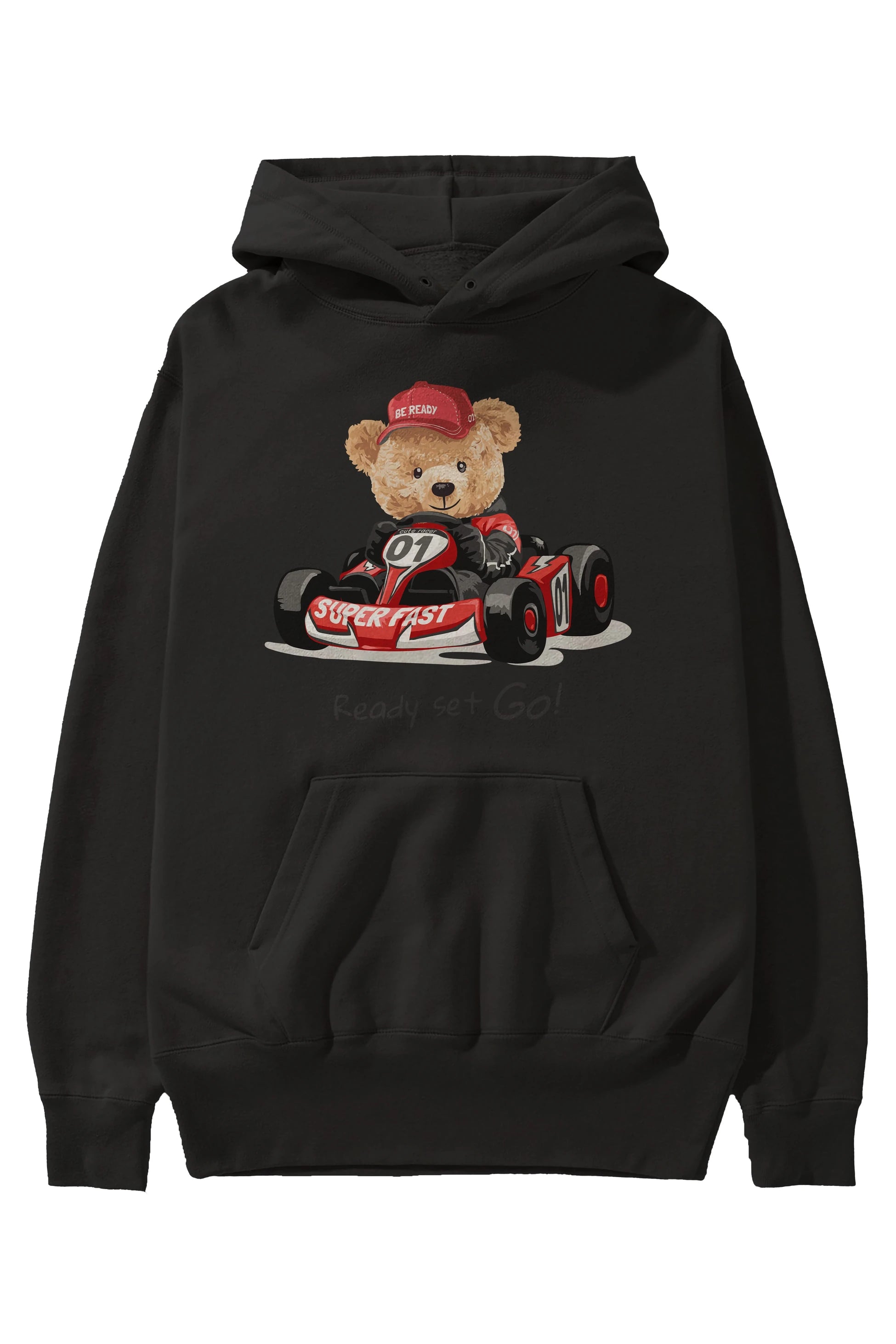 Teddy Bear Ready Set Go Ön Baskılı Hoodie Oversize Kapüşonlu Sweatshirt Erkek Kadın Unisex
