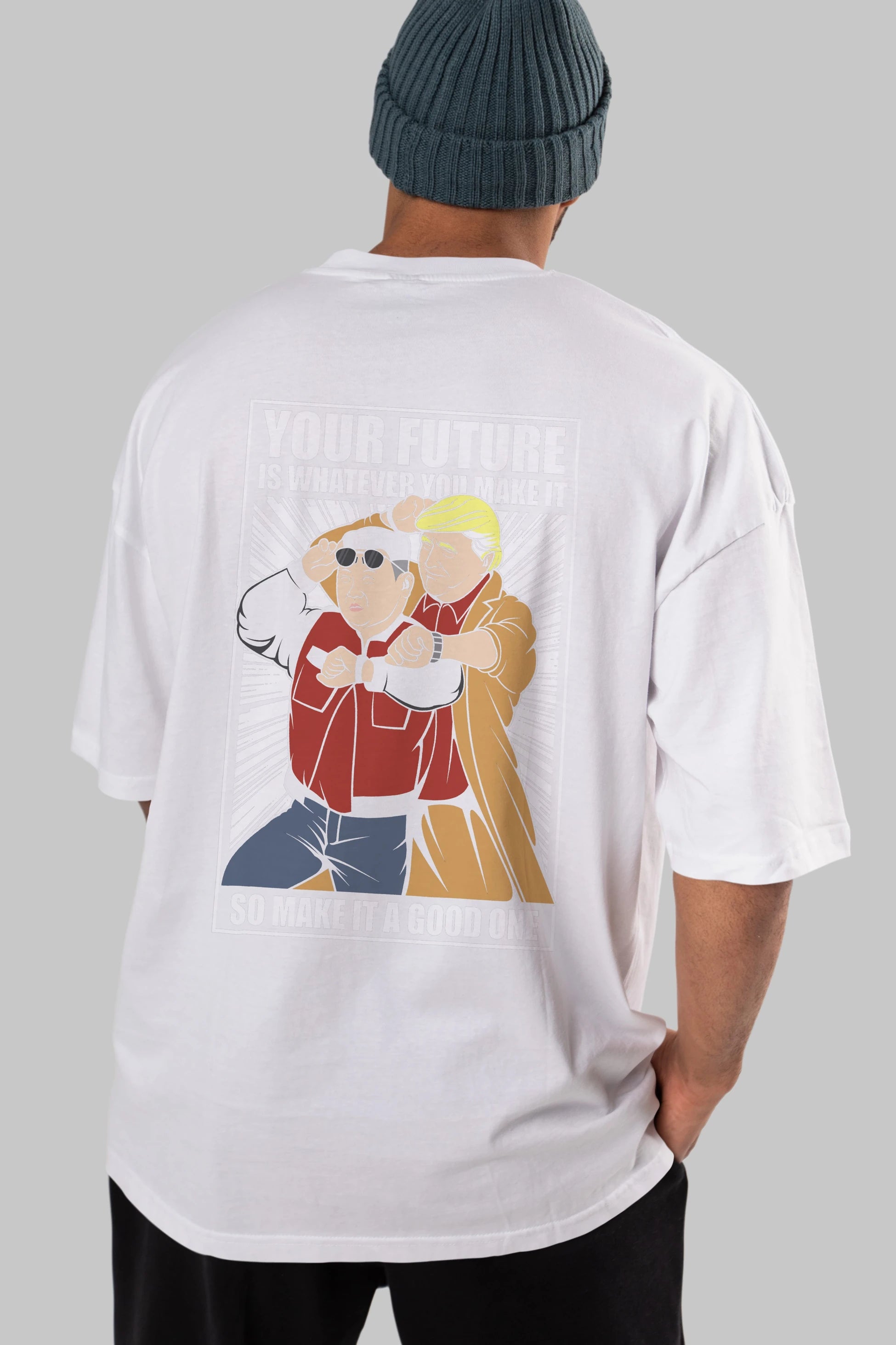 Back To The Future Jong Un Trump Arka Baskılı Oversize t-shirt Erkek Kadın Unisex %100 Pamuk tişort