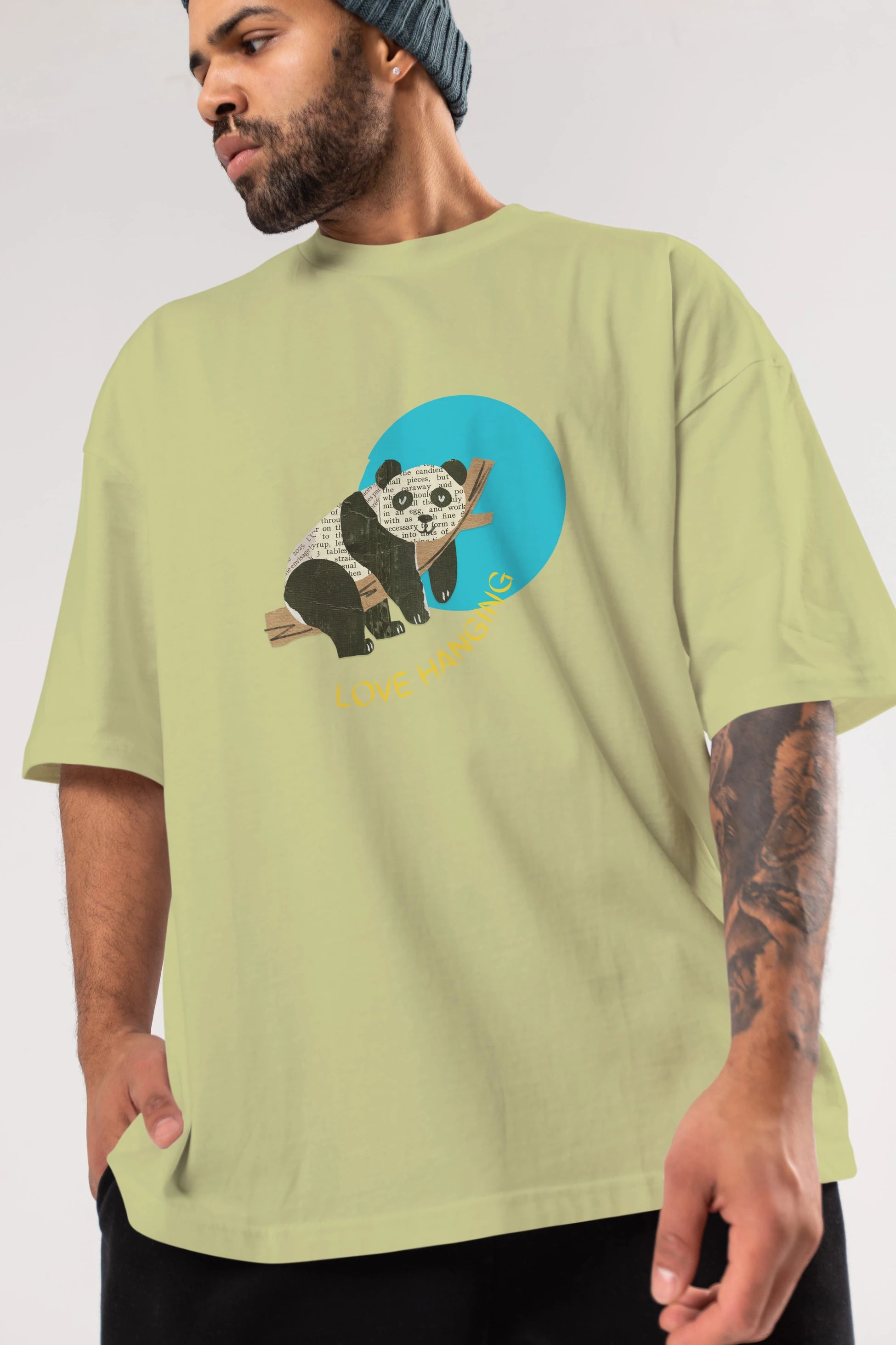 Panda Love Hanging Ön Baskılı Oversize t-shirt Erkek Kadın Unisex