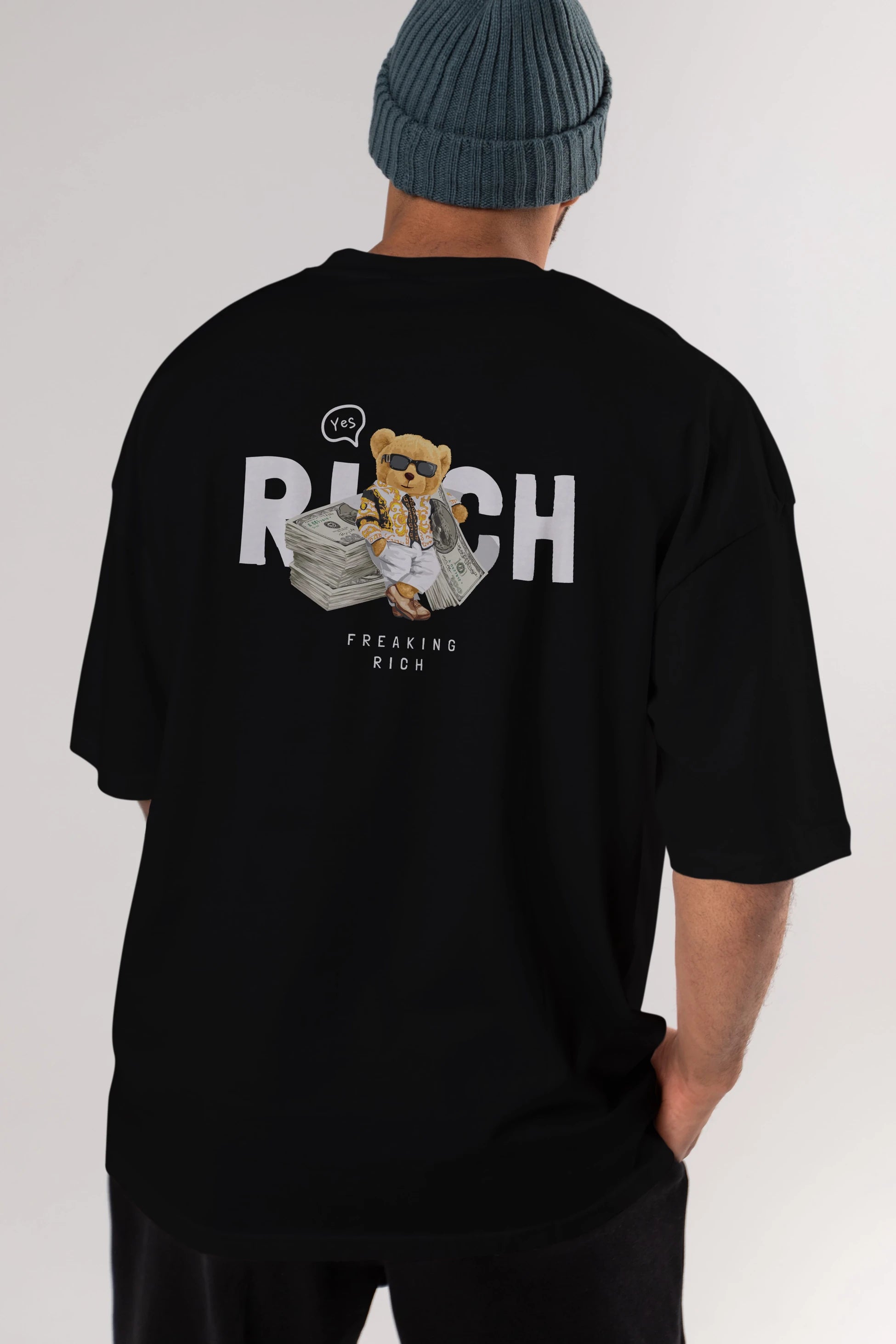 Teddy Bear Freakıng Rich Arka Baskılı Oversize t-shirt Erkek Kadın Unisex %100 Pamuk