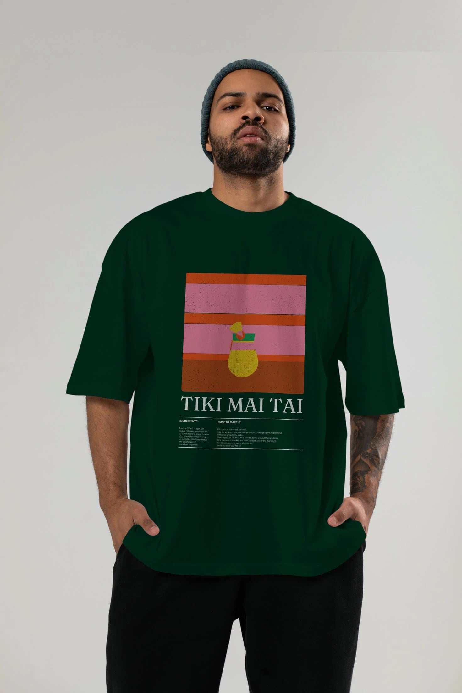 Tiki Mai Tai Kokteyl Ön Baskılı Oversize t-shirt Erkek Kadın %100 Pamuk Bisiklet Yaka tişort