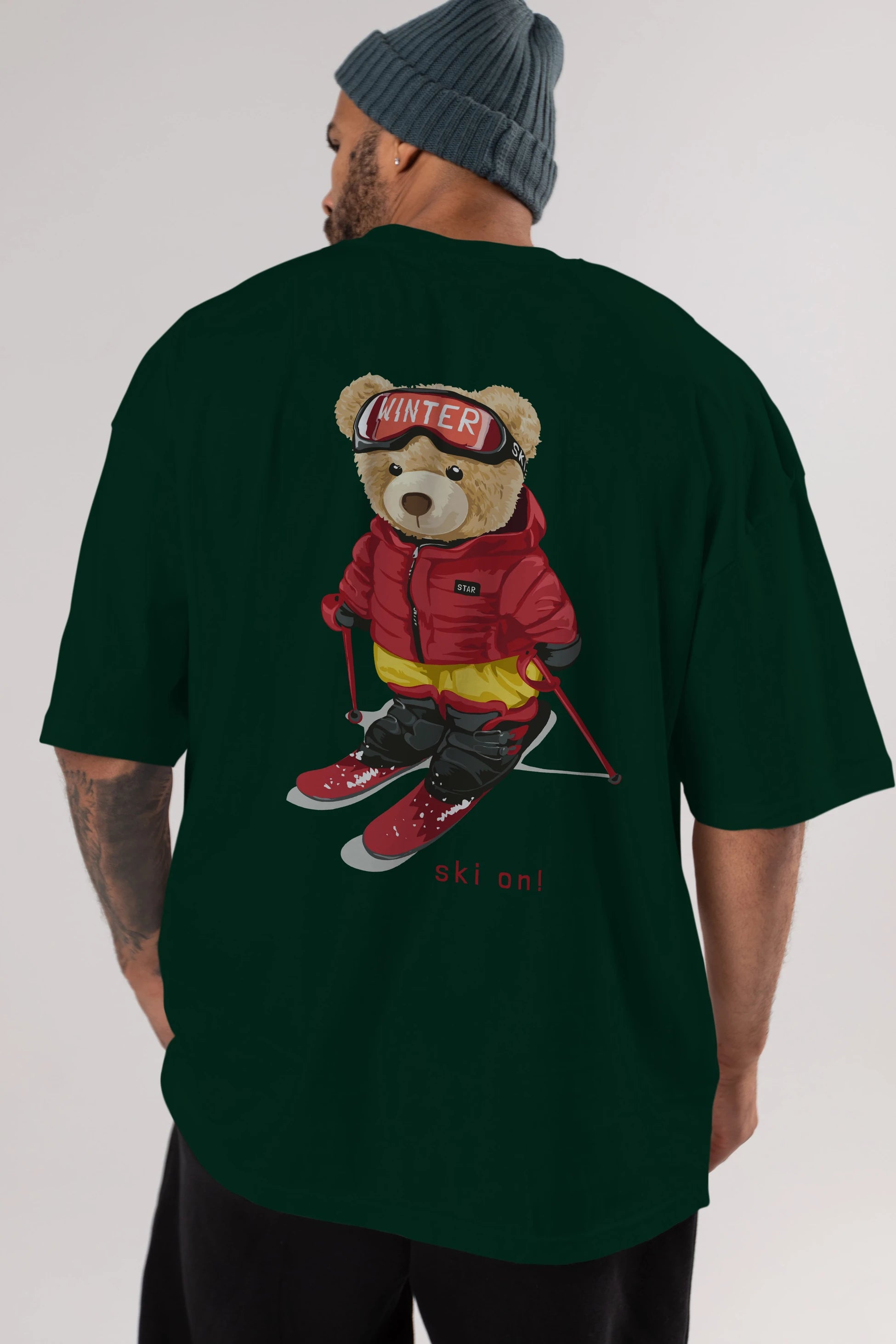Teddy Bear Ski On Arka Baskılı Oversize t-shirt Erkek Kadın Unisex %100 Pamuk