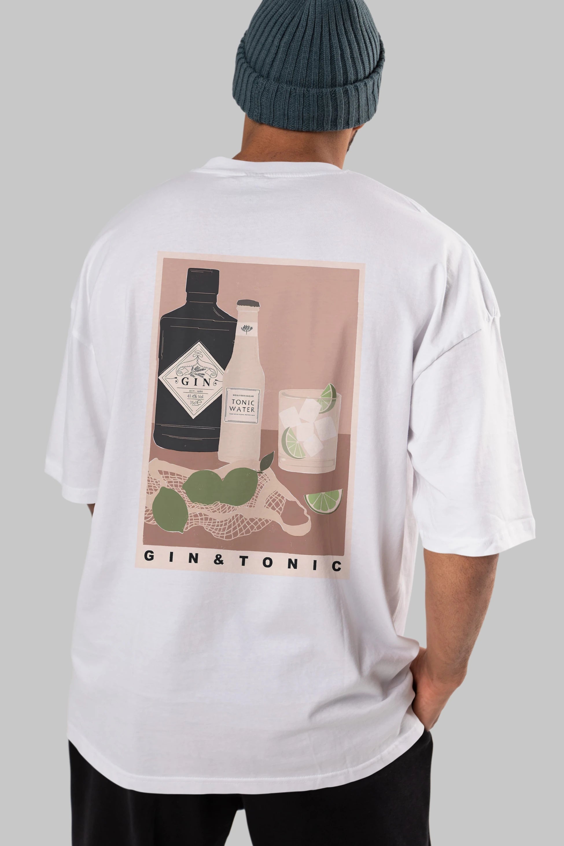 Gin Tonic Arka Baskılı Oversize t-shirt Erkek Kadın Unisex %100 Pamuk Bisiklet Yaka tişort