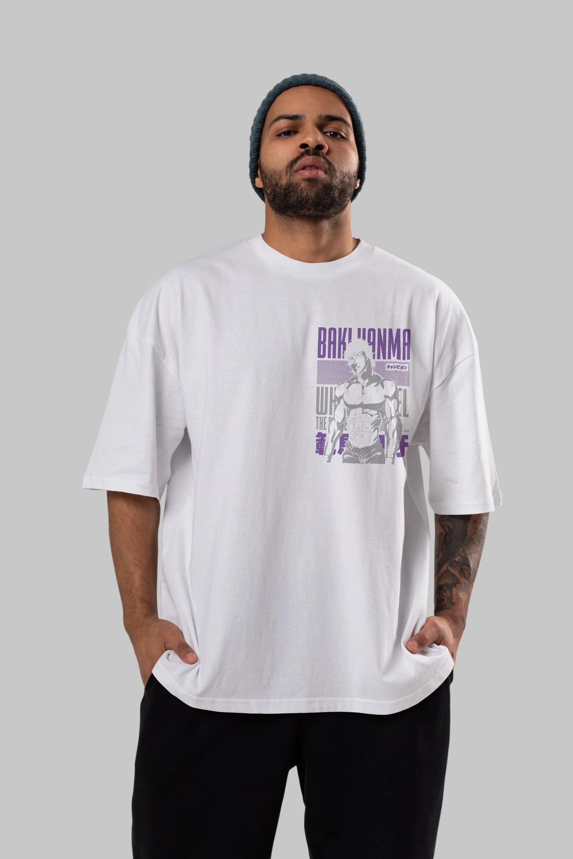 BAKI HANMA (2) Ön Sol Baskılı Oversize t-shirt Erkek Kadın Unisex %100 Pamuk Bisiklet Yaka tişort