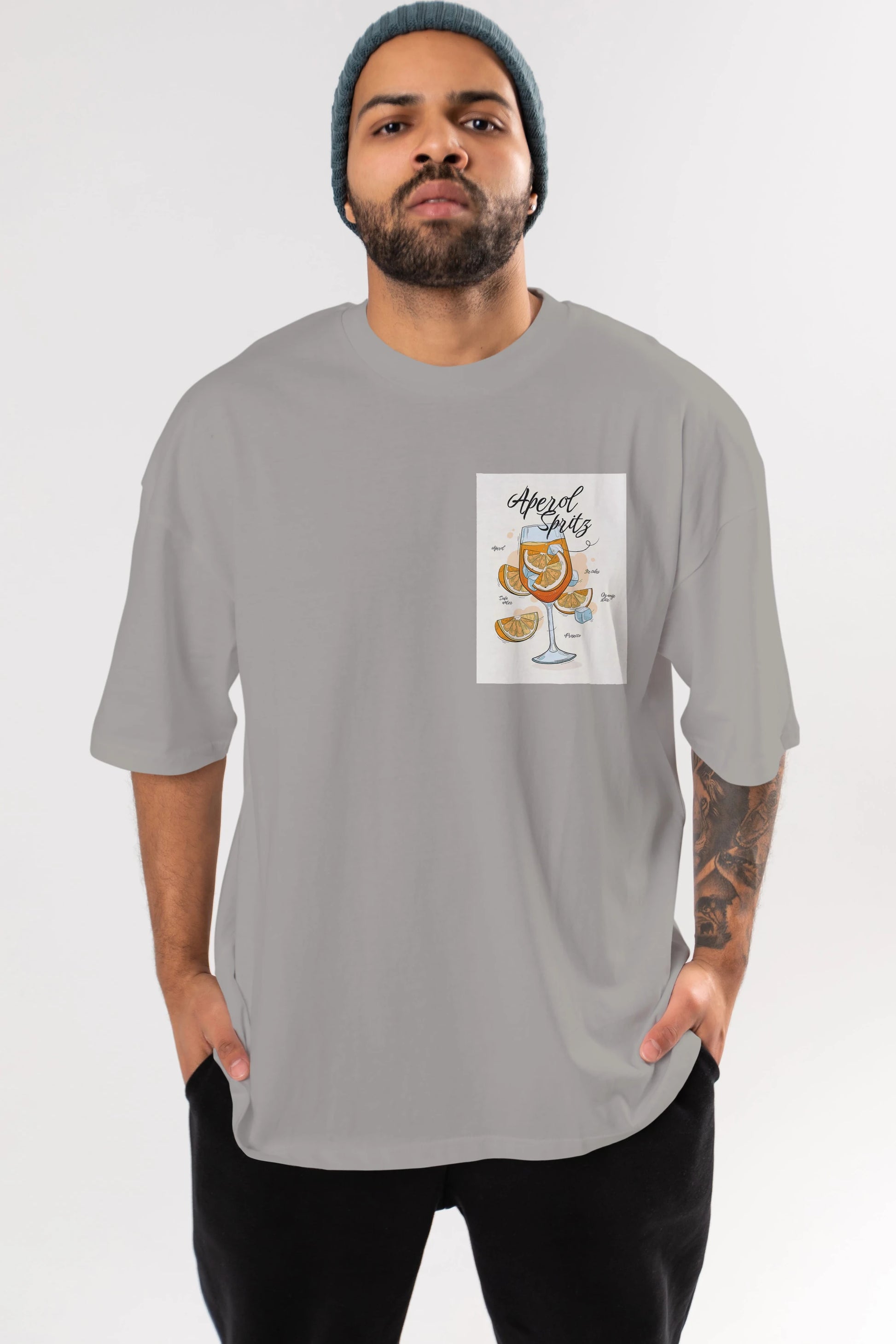 Aperol Spritz 6 Ön Sol Baskılı Oversize t-shirt Erkek Kadın Unisex %100 Pamuk Bisiklet Yaka tişort