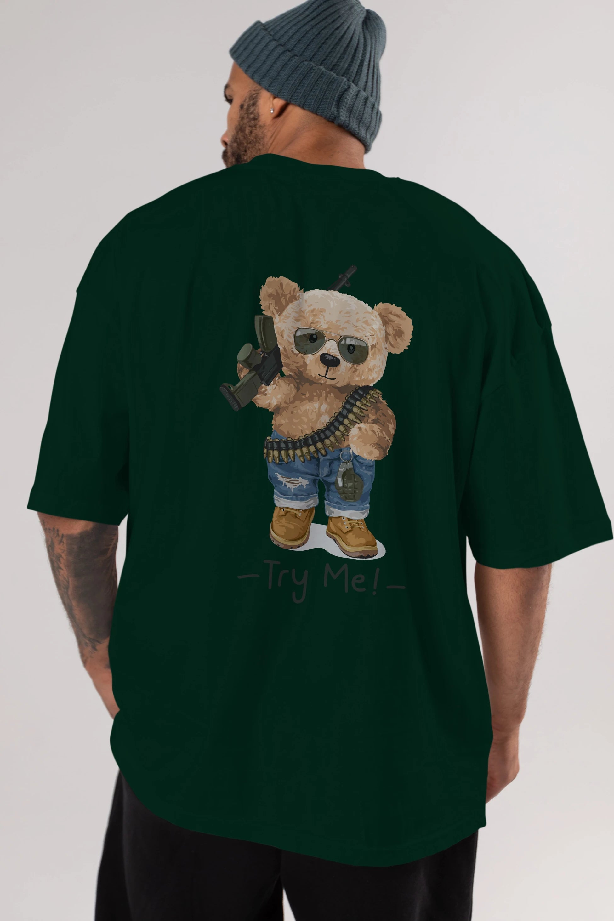 Teddy Bear Try Me Arka Baskılı Oversize t-shirt Erkek Kadın Unisex %100 Pamuk