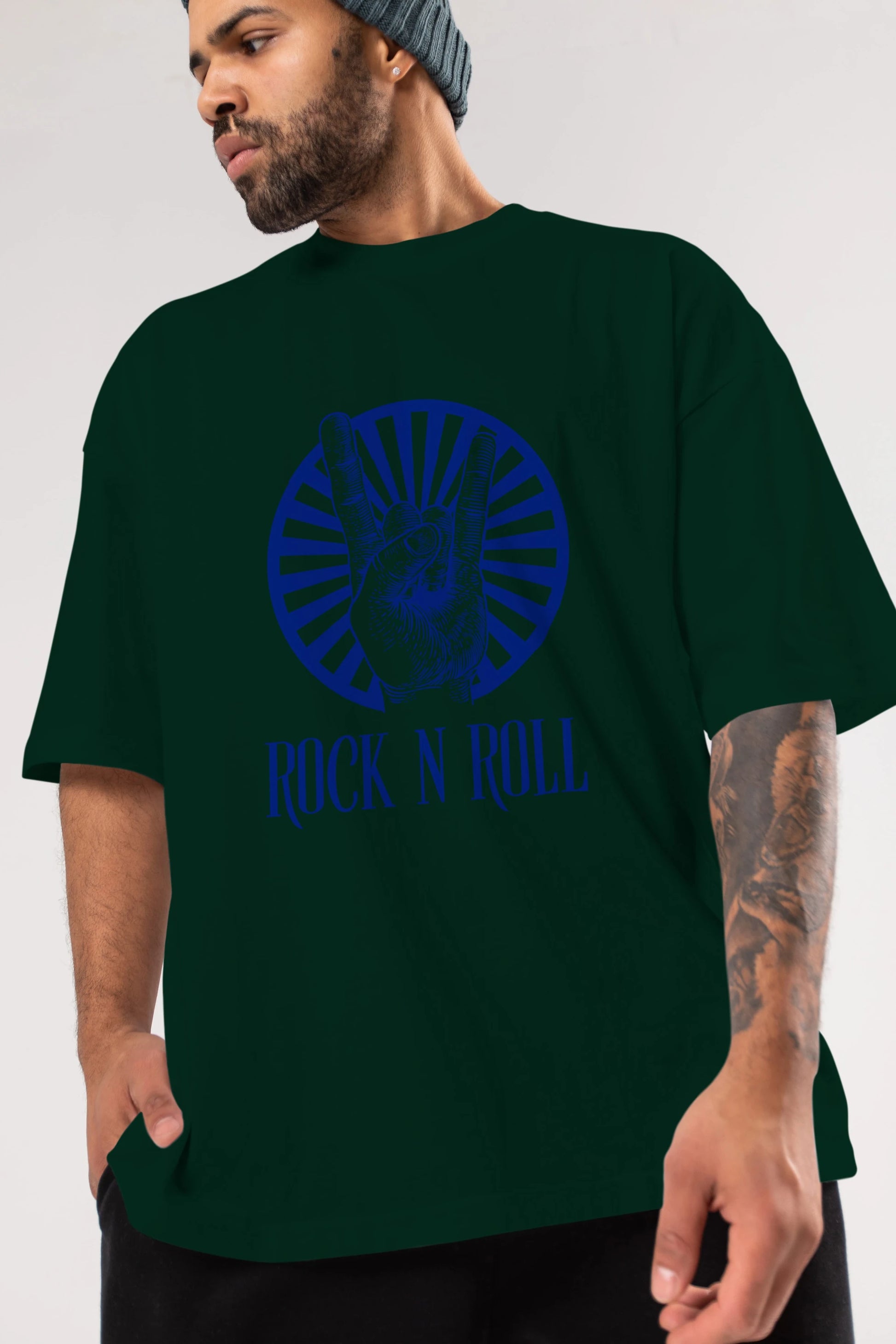 Rock N Roll Yazılı Ön Baskılı Oversize t-shirt Erkek Kadın Unisex