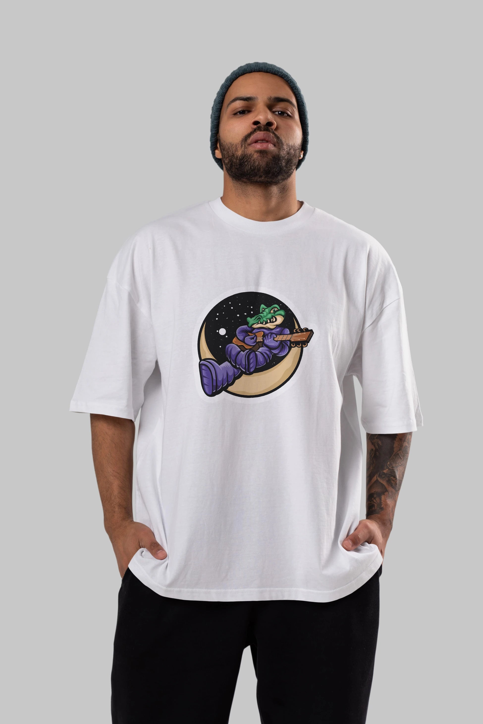 Space Crocodile Sticker Ön Baskılı Oversize t-shirt Erkek Kadın Unisex