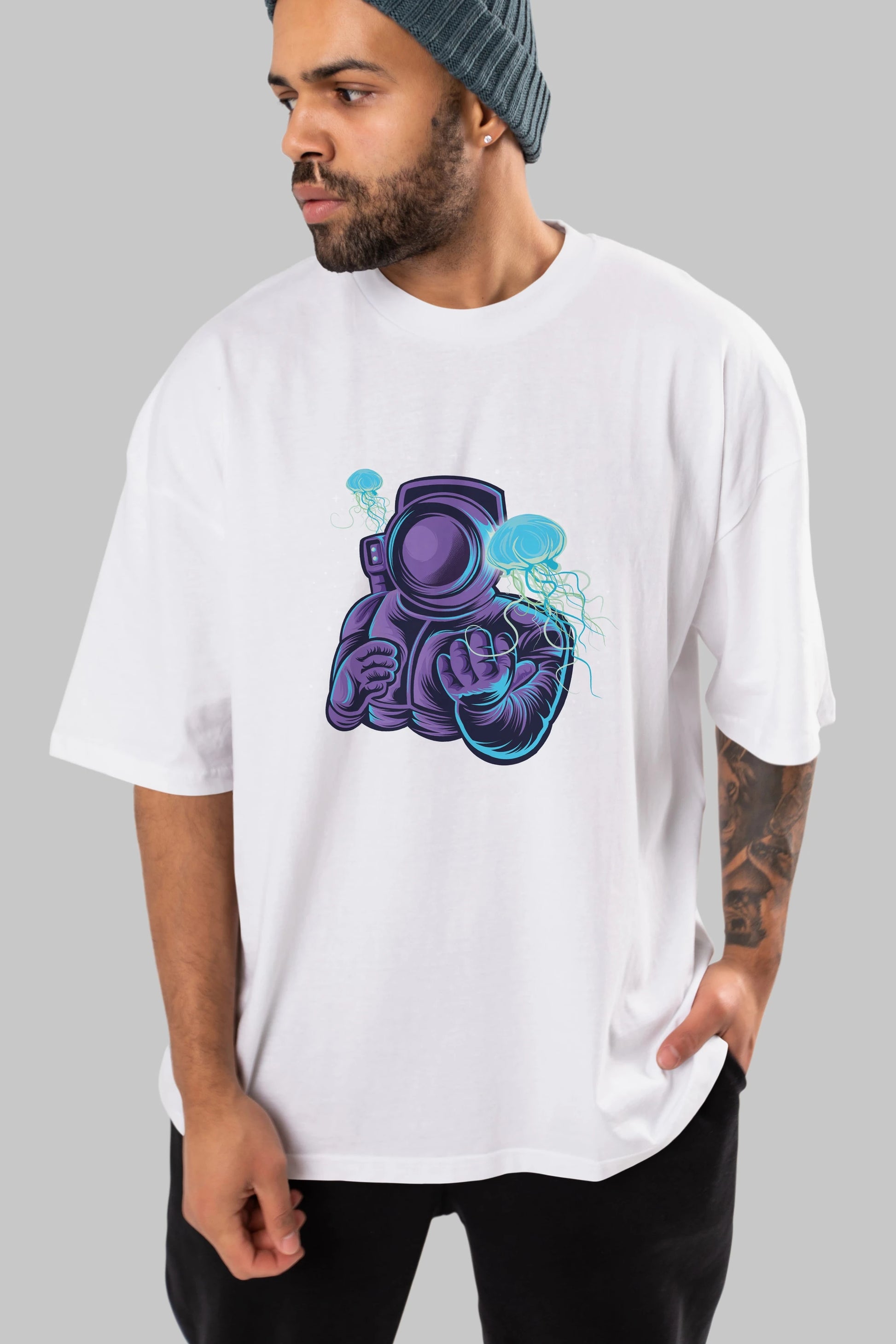 Astronaut and Jellyfish Ön Baskılı Oversize t-shirt Erkek Kadın Unisex