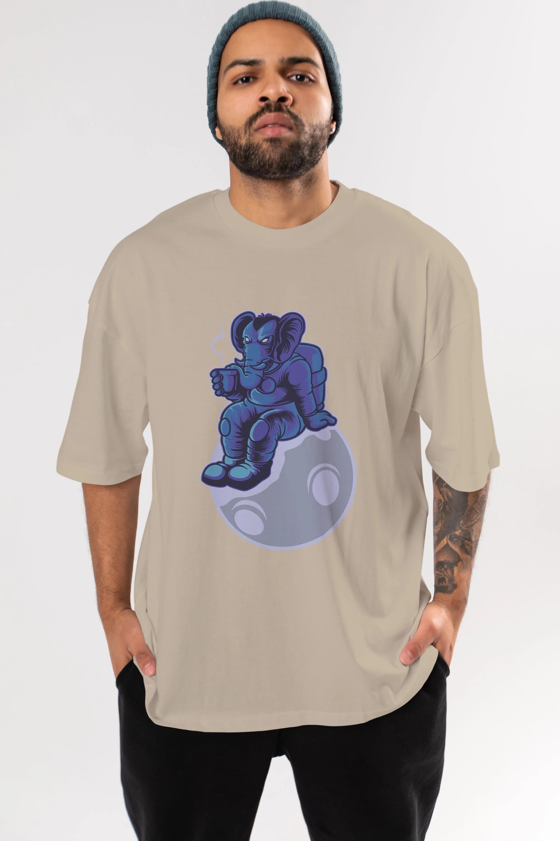 Space Elephant Drink Coffee Ön Baskılı Oversize t-shirt Erkek Kadın Unisex