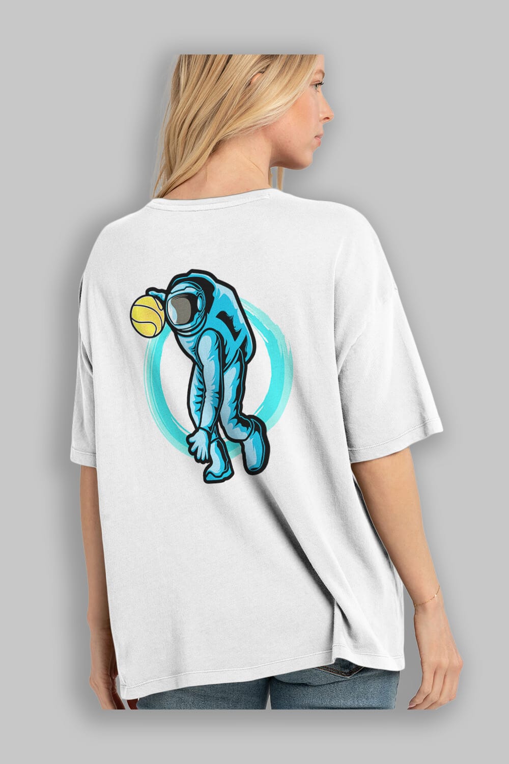 Astronaut Dribble Sticker Arka Baskılı Oversize t-shirt Erkek Kadın Unisex