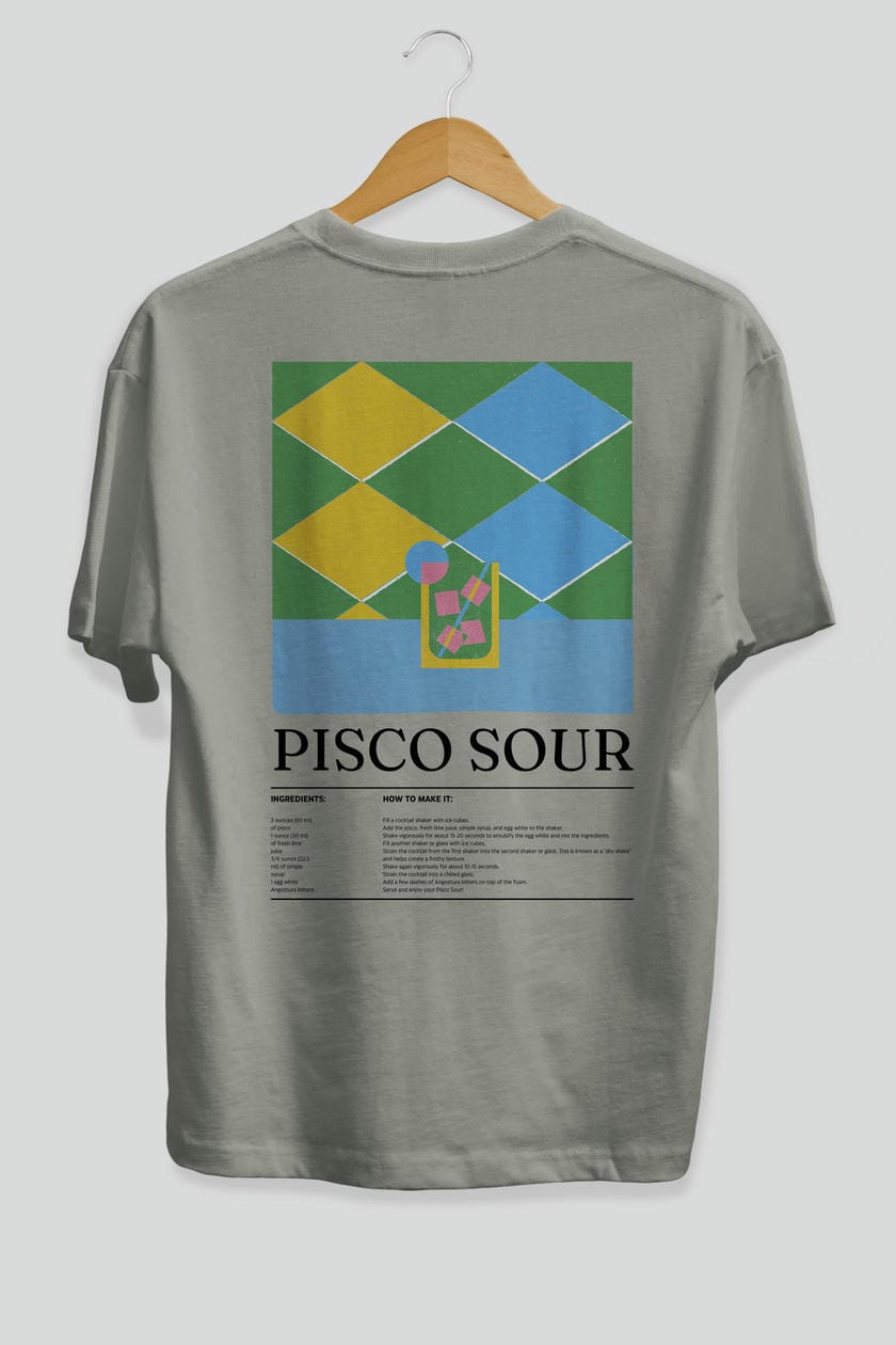 Pisco Sour Kokteyl Serisi Arka Baskılı Oversize t-shirt Erkek Kadın %100 Pamuk Bisiklet Yaka tişort