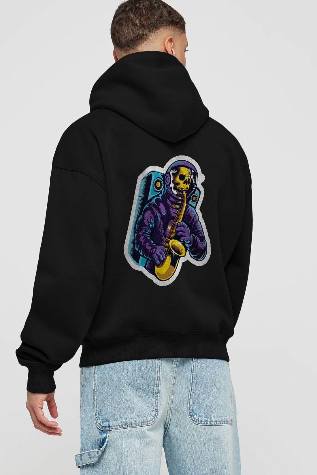 Astroskull Saxophonist Sticker Arka Baskılı Hoodie Oversize Kapüşonlu Sweatshirt Erkek Kadın Unisex
