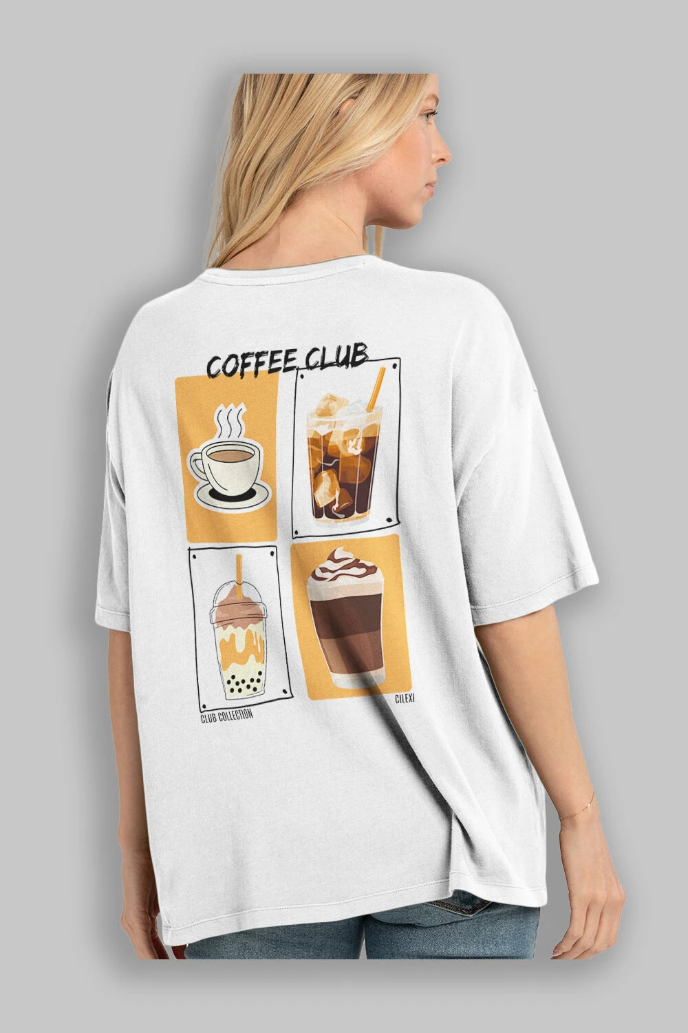 Coffee Club Arka Baskılı Oversize t-shirt Erkek Kadın %100 Pamuk Bisiklet Yaka tişort