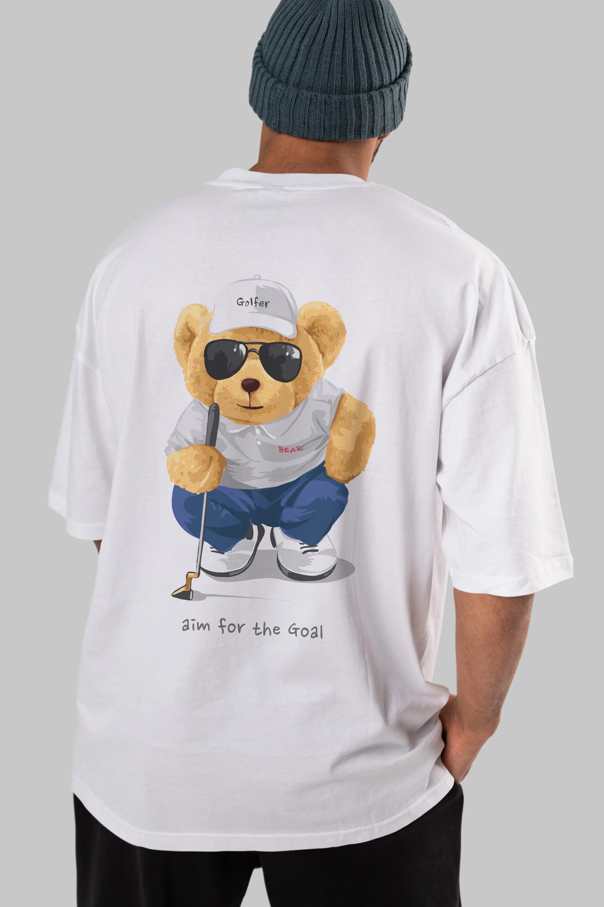 Teddy Bear Golfer Arka Baskılı Oversize t-shirt Erkek Kadın Unisex %100 Pamuk