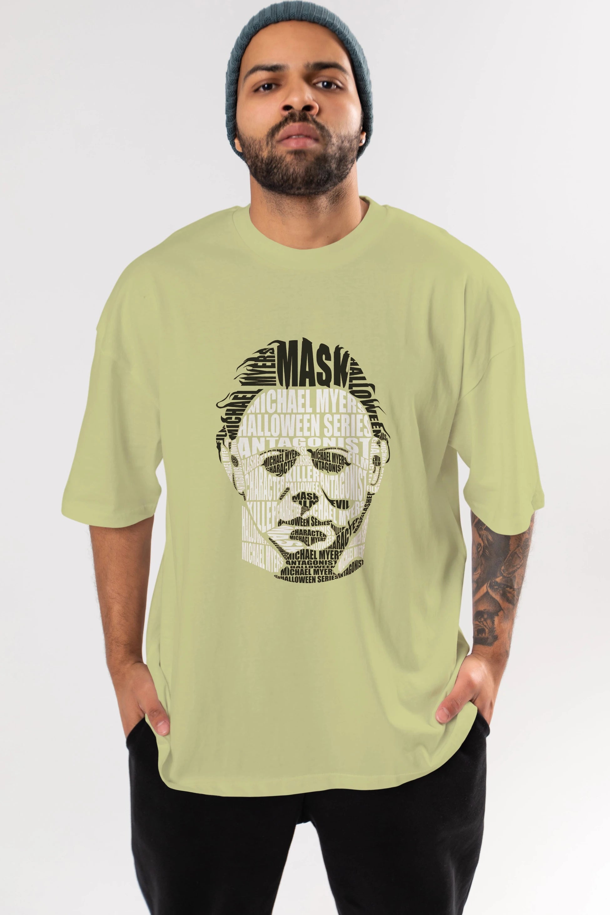Michael Myers Calligram Ön Baskılı Oversize t-shirt %100 pamuk Erkek Kadın Unisex