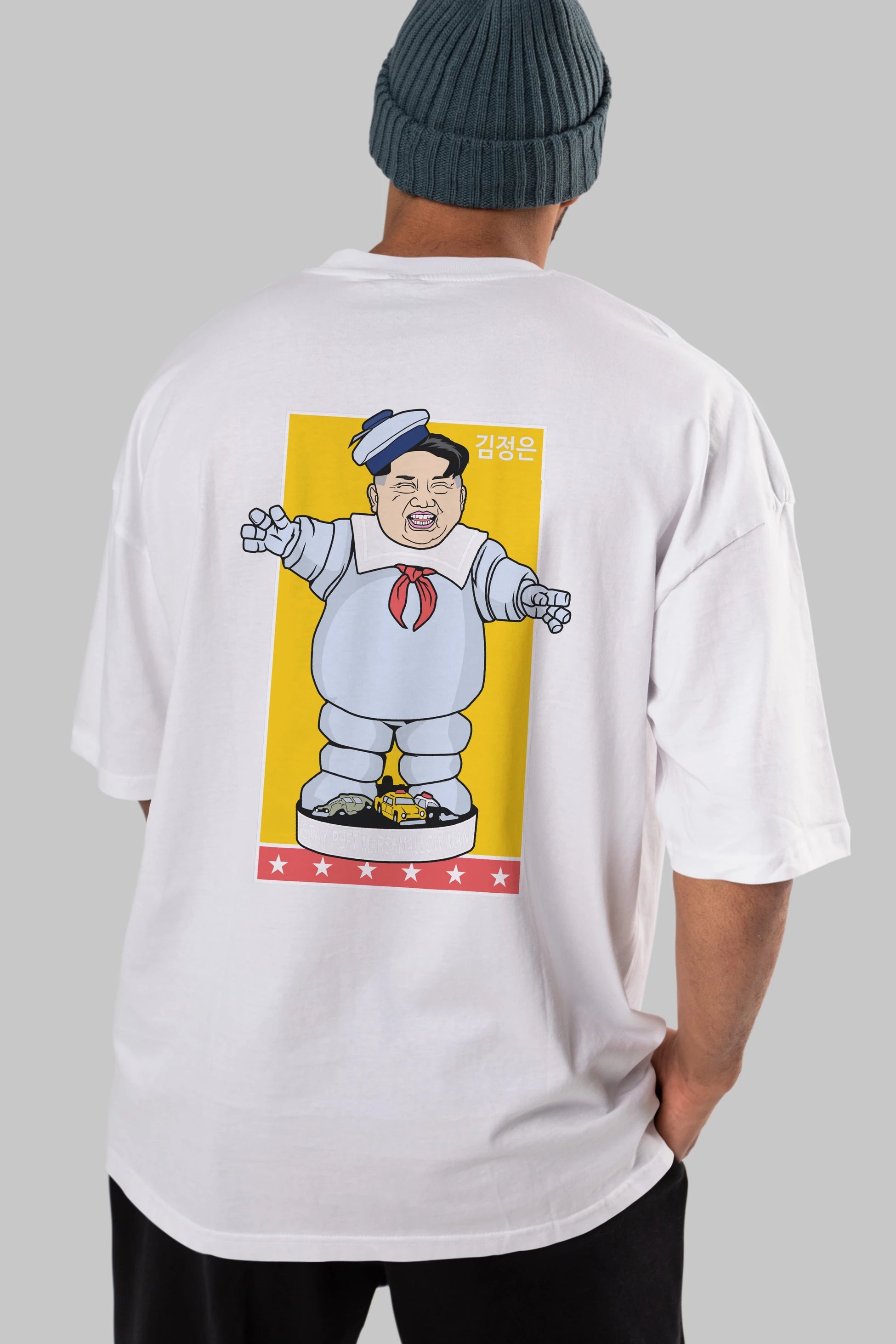 Stay Puft Jong Un Arka Baskılı Oversize t-shirt Erkek Kadın Unisex %100 Pamuk tişort
