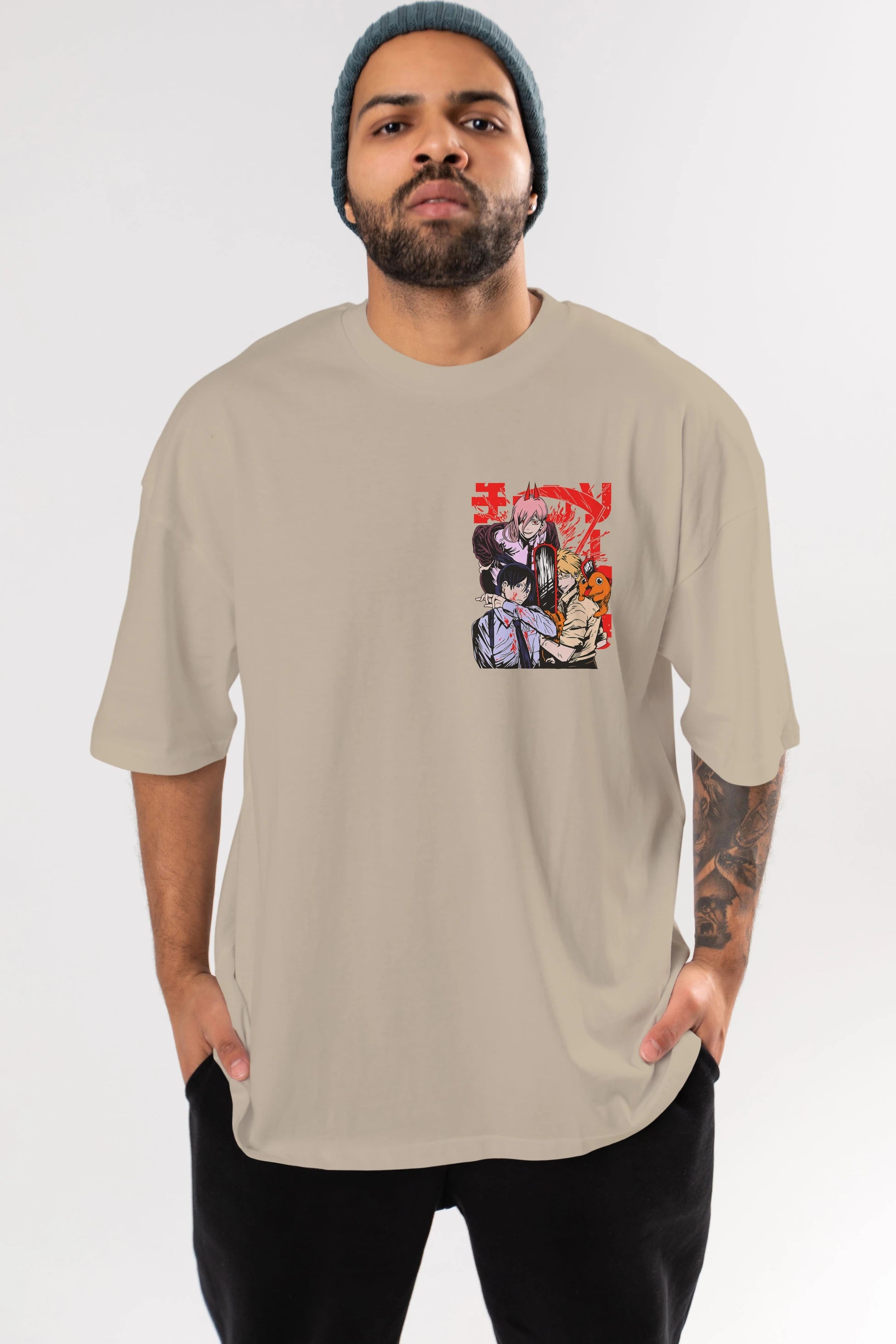 CHAINSAWMAN CREW Ön Sol Baskılı Oversize t-shirt Erkek Kadın Unisex %100 Pamuk Bisiklet Yaka tişort