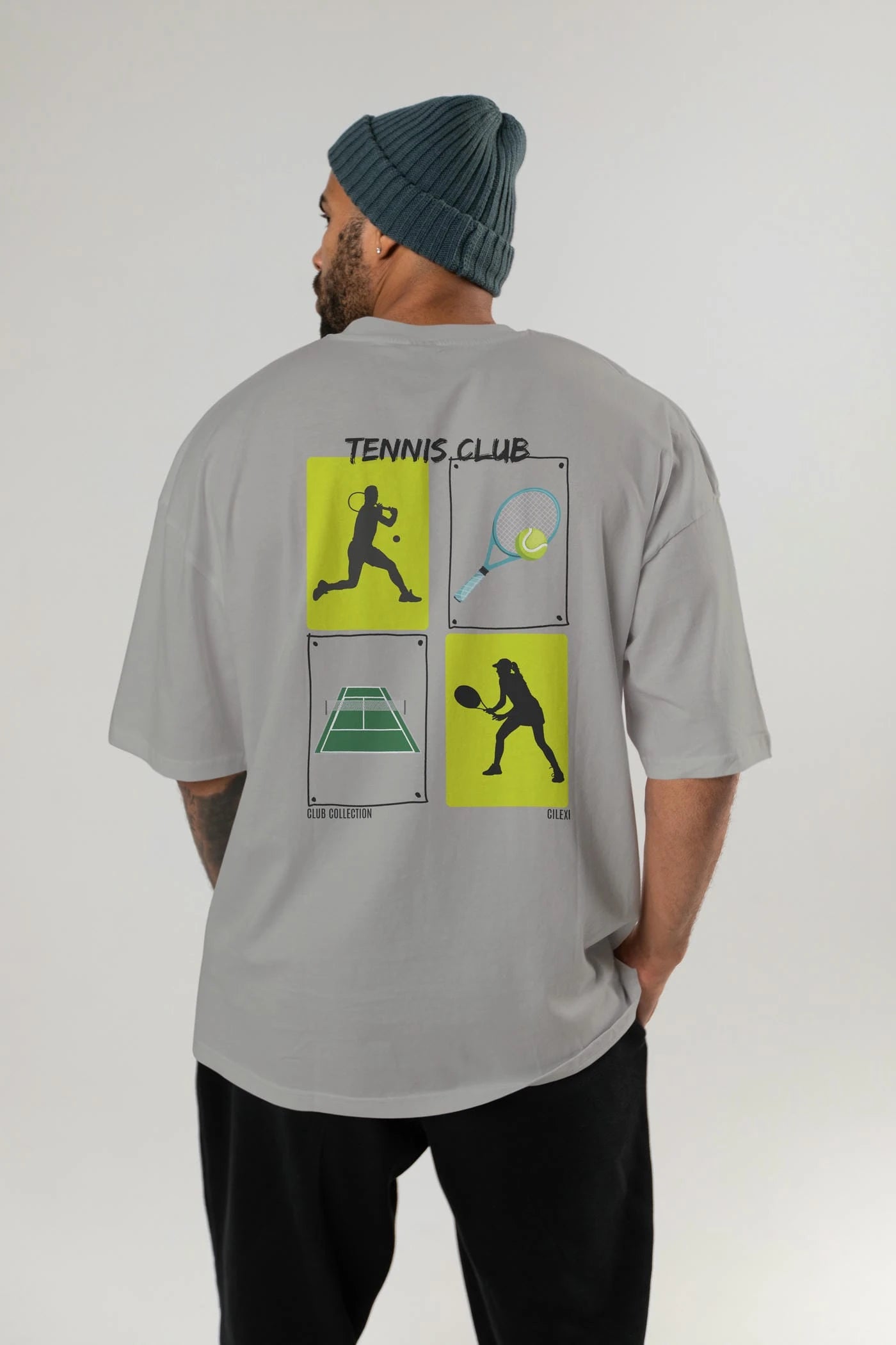 Tennis Club Arka Baskılı Oversize t-shirt Erkek Kadın %100 Pamuk Bisiklet Yaka tişort