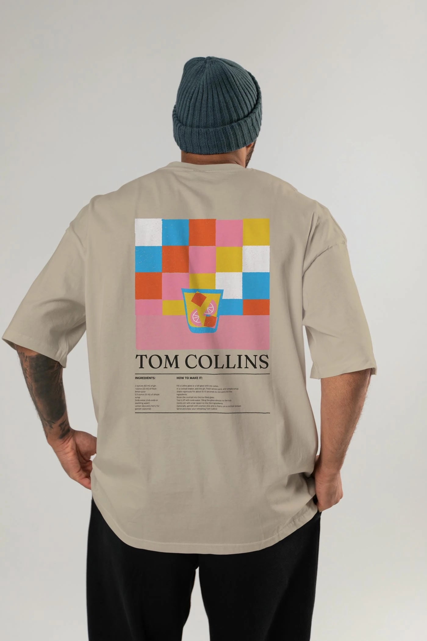 Tom Collins Kokteyl Serisi Arka Baskılı Oversize t-shirt Erkek Kadın %100 Pamuk Bisiklet Yaka tişort