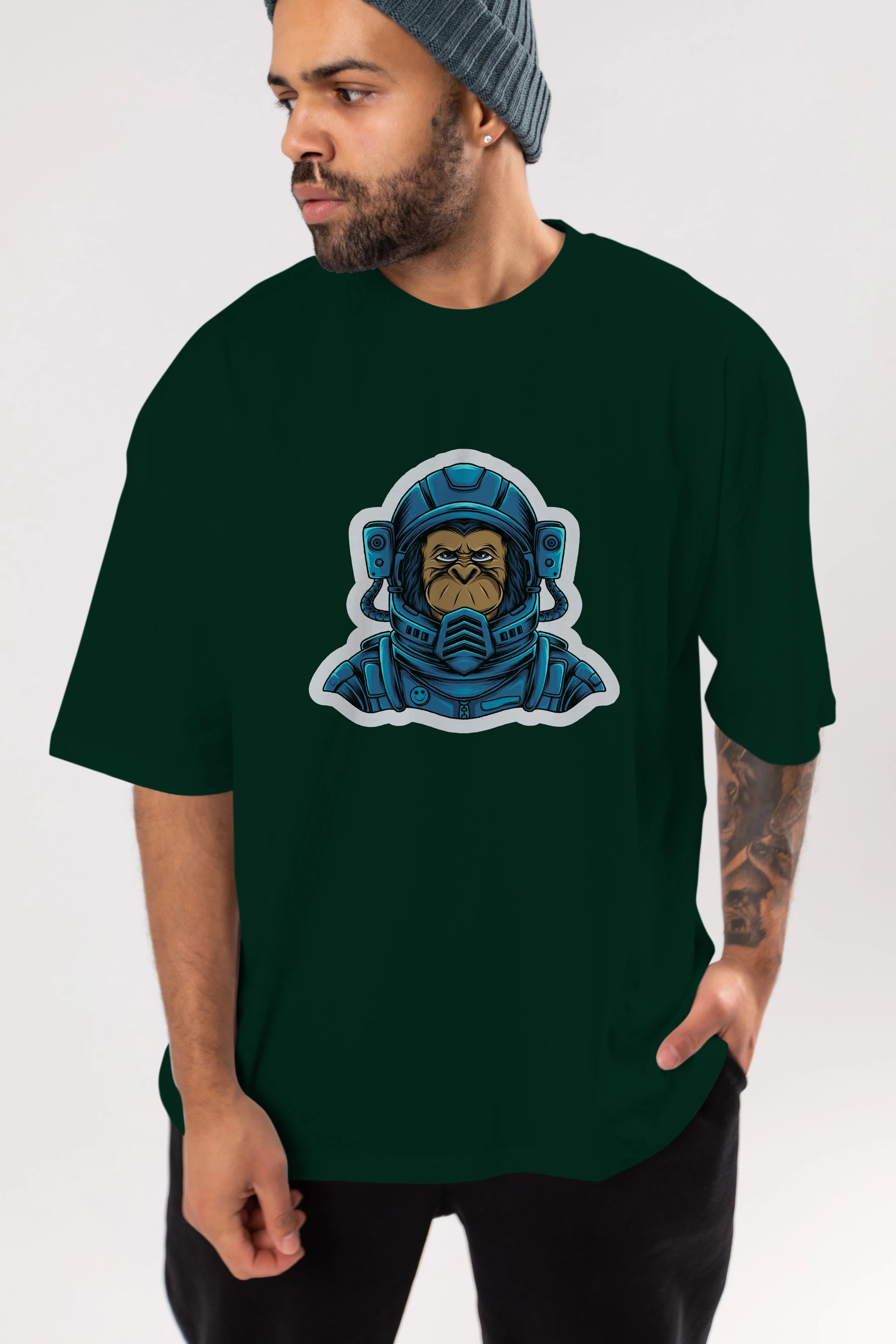 Astromonkey Sticker Ön Baskılı Oversize t-shirt Erkek Kadın Unisex