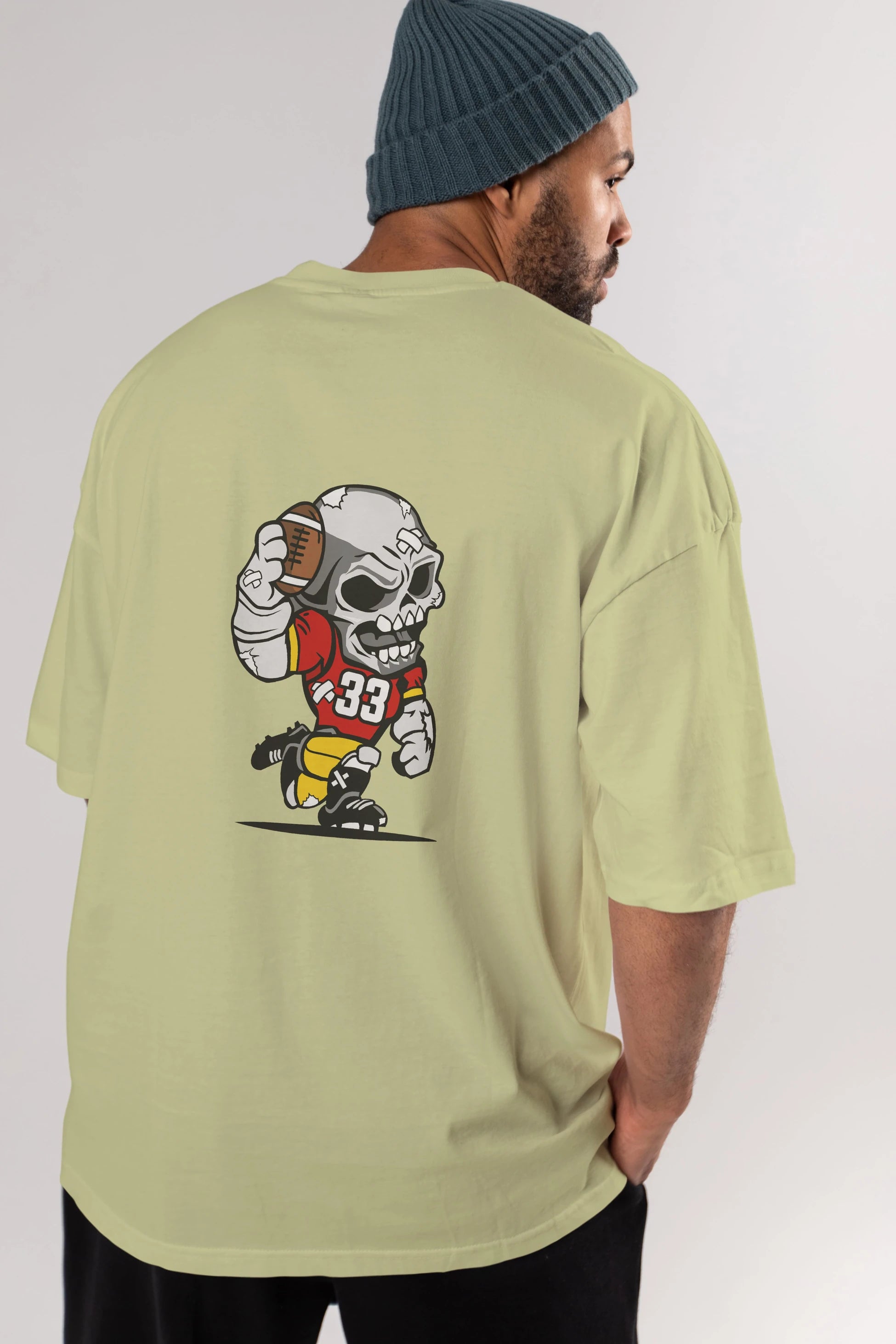Skull Football Player Arka Baskılı Oversize t-shirt Erkek Kadın Unisex %100 Pamuk tişort