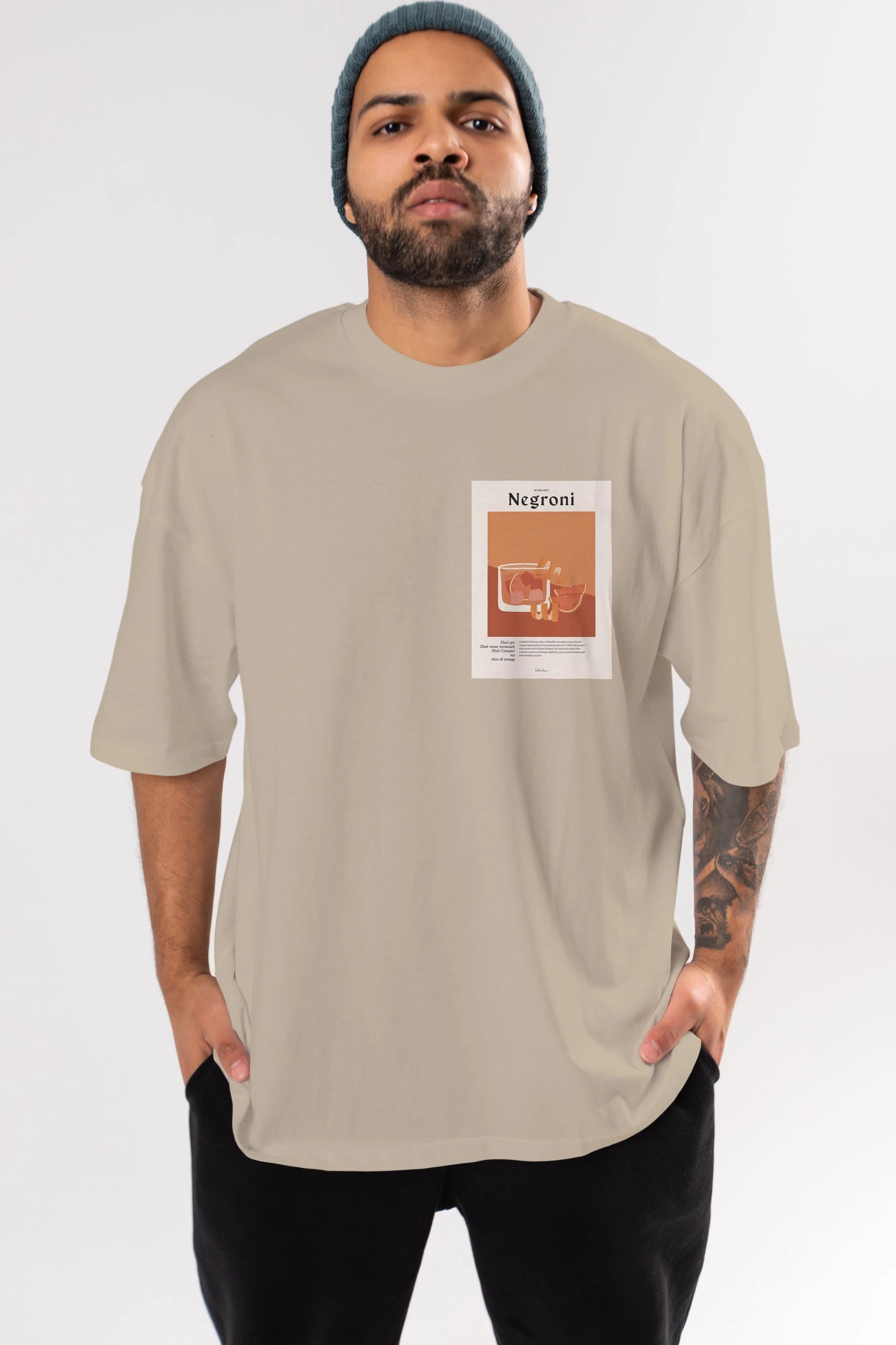 Mixology Negroni Ön Sol Baskılı Oversize t-shirt Erkek Kadın Unisex %100 Pamuk Bisiklet Yaka tişort