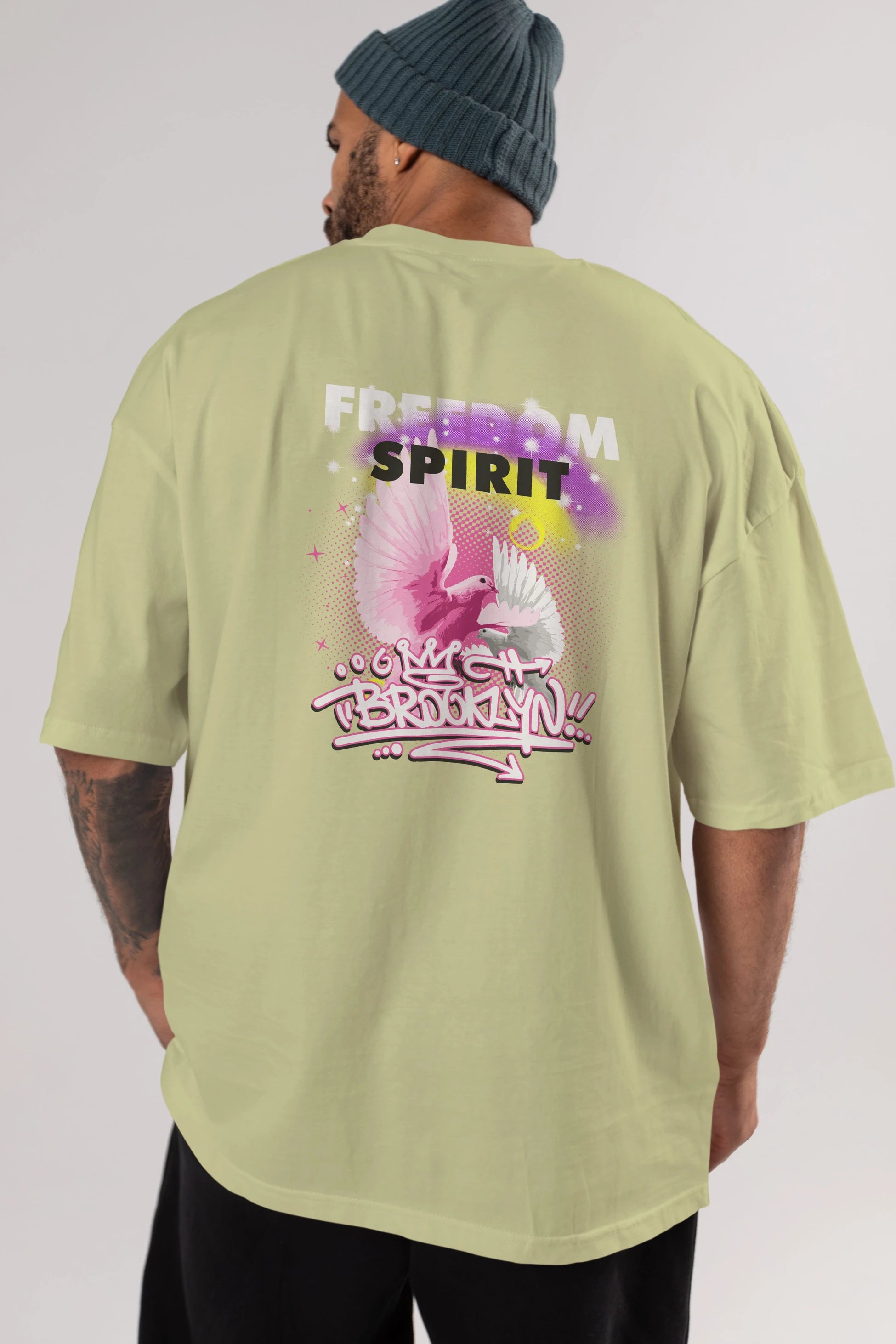 Freedom Spirit Brooklyn Arka Baskılı Oversize t-shirt Erkek Kadın Unisex