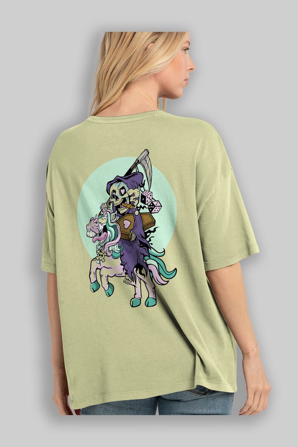 Grim Reaper Riding Unicorn Arka Baskılı Oversize t-shirt Erkek Kadın Unisex %100 Pamuk tişort