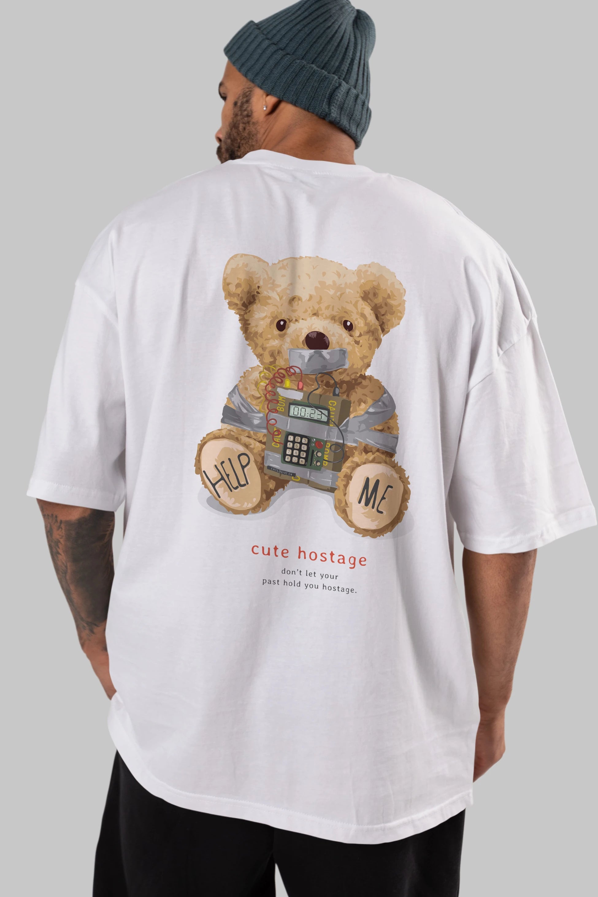 Teddy Bear Help Me Arka Baskılı Oversize t-shirt Erkek Kadın Unisex %100 Pamuk
