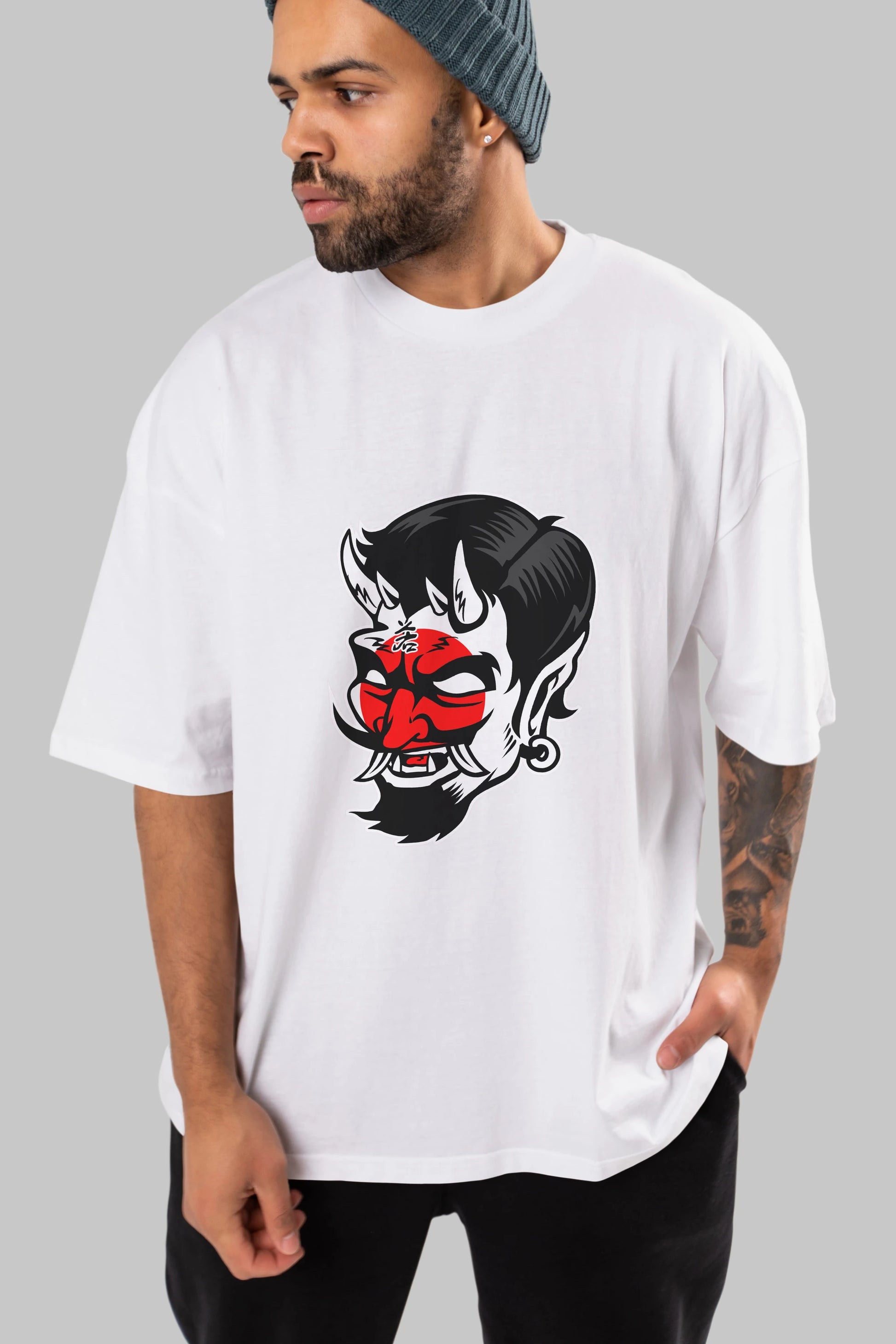 Japanese Devil Ön Baskılı Oversize t-shirt Erkek Kadın Unisex %100 Pamuk tişort