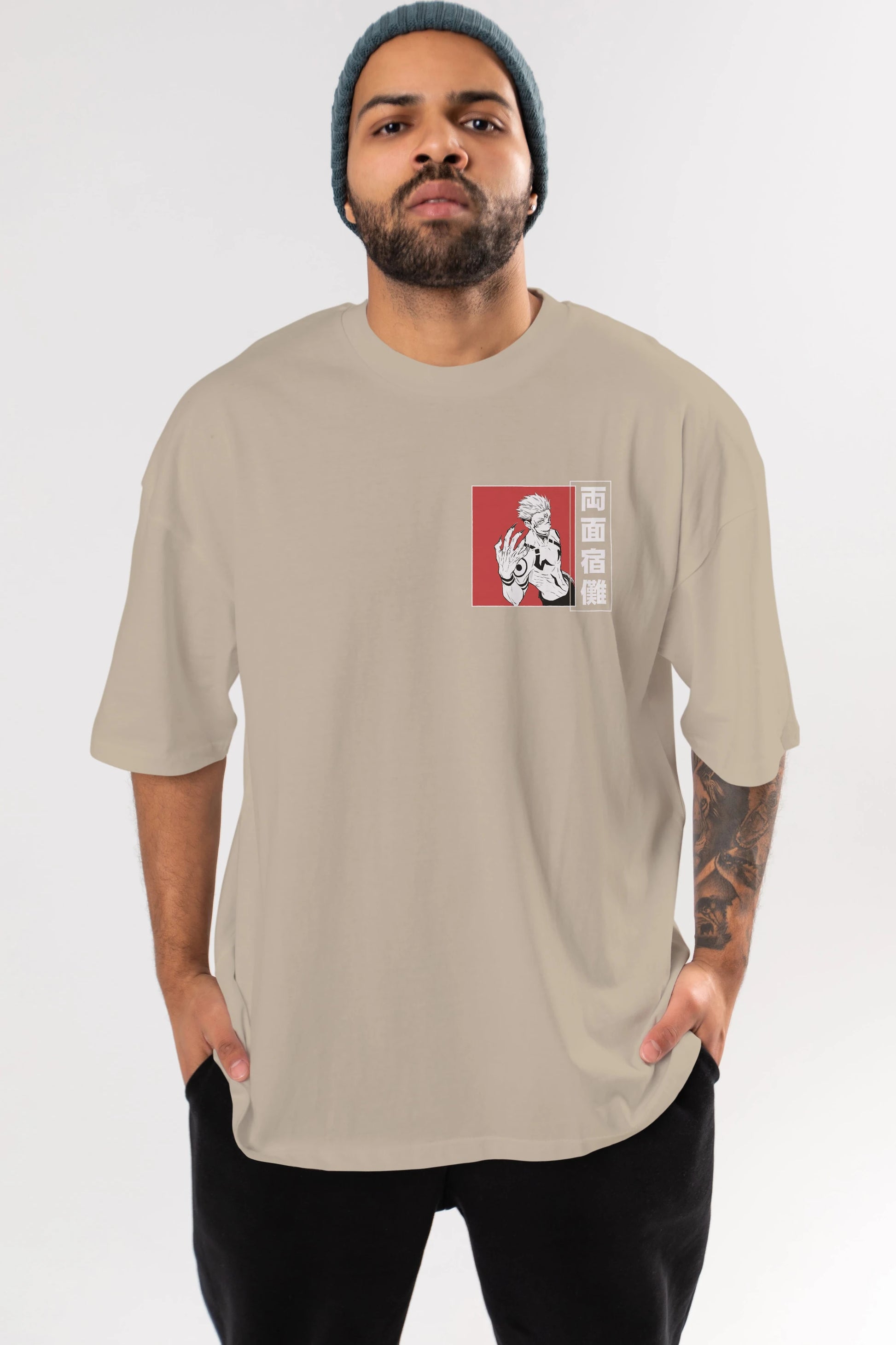 Sukuna Ryoumen 2 Ön Sol Baskılı Oversize t-shirt Erkek Kadın Unisex %100 Pamuk Bisiklet Yaka tişort
