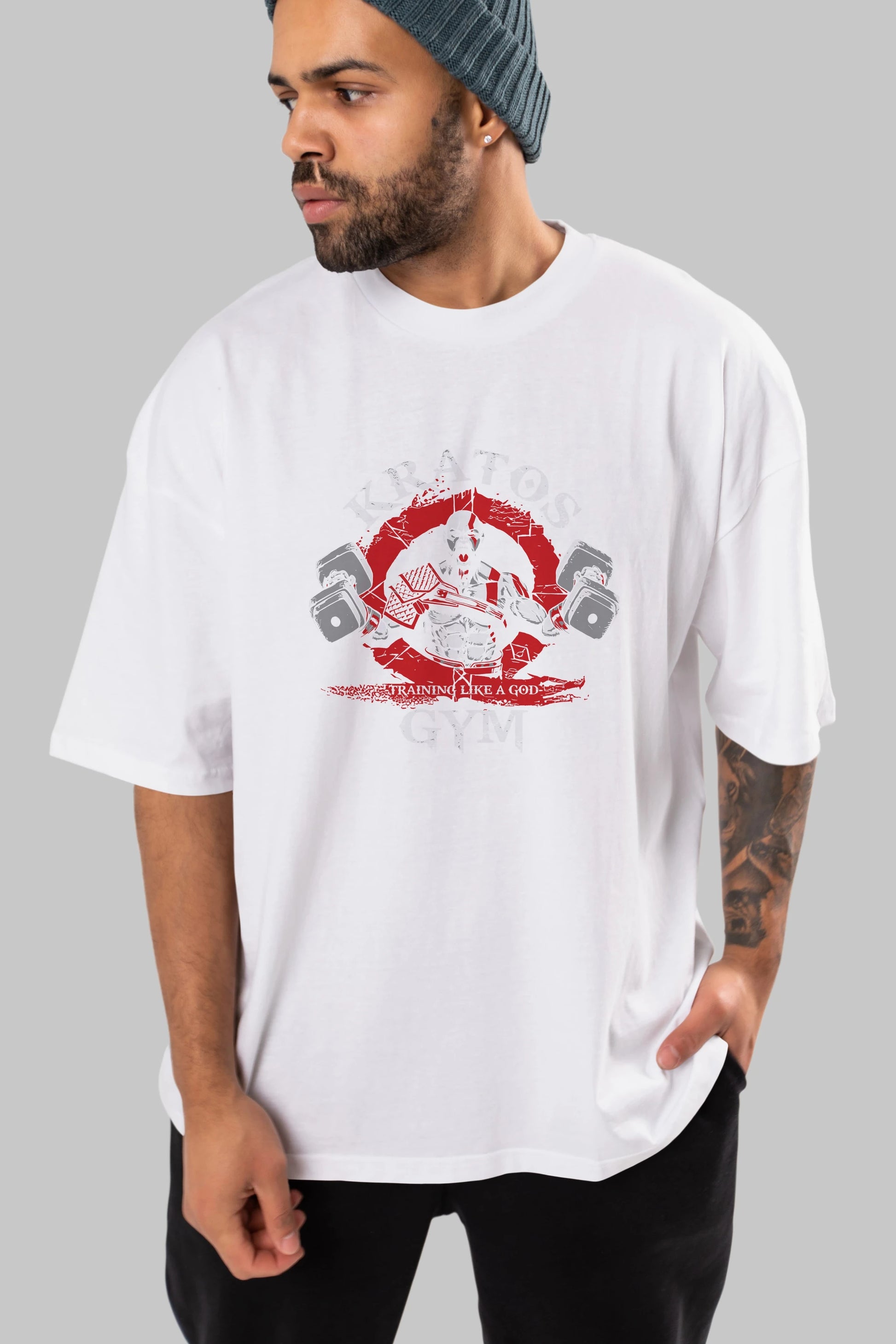 Kratos GYM Ön Baskılı Oversize t-shirt Erkek Kadın Unisex %100 Pamuk Bisiklet Yaka tişort