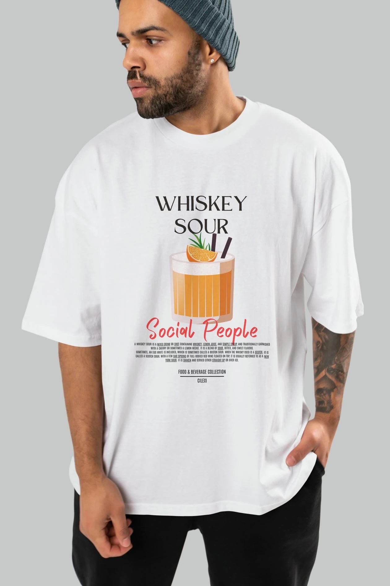 Whıskey Sour Kokteyl Serisi ön Baskılı Oversize t-shirt Erkek Kadın %100 Pamuk Bisiklet Yaka tişort