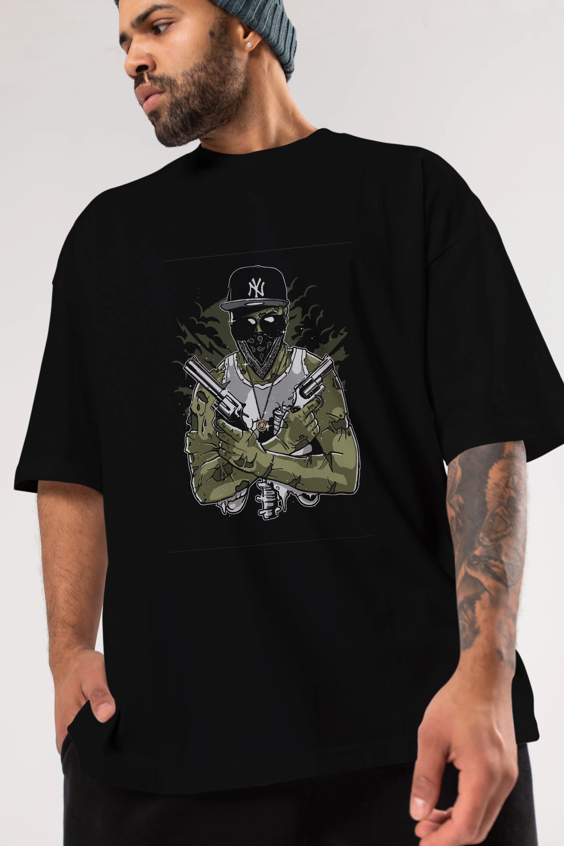 Gangsta Zombie Ön Baskılı Oversize t-shirt Erkek Kadın Unisex %100 Pamuk tişort