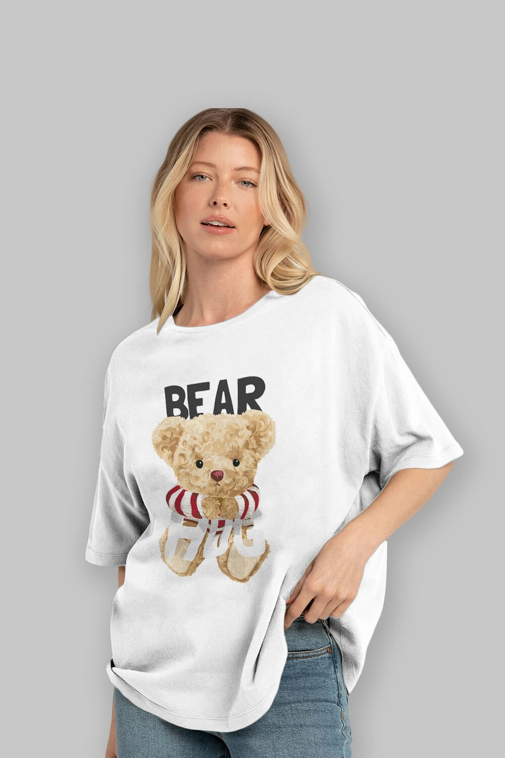 Teddy Bear Hug Ön Baskılı Oversize t-shirt Erkek Kadın Unisex %100 Pamuk