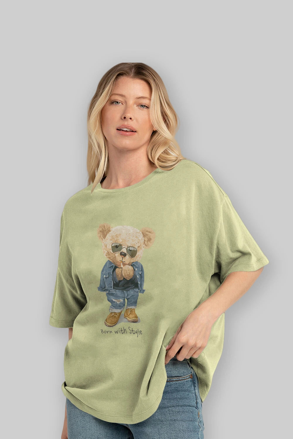 Teddy Bear Born With Style Ön Baskılı Oversize t-shirt Erkek Kadın Unisex %100 Pamuk