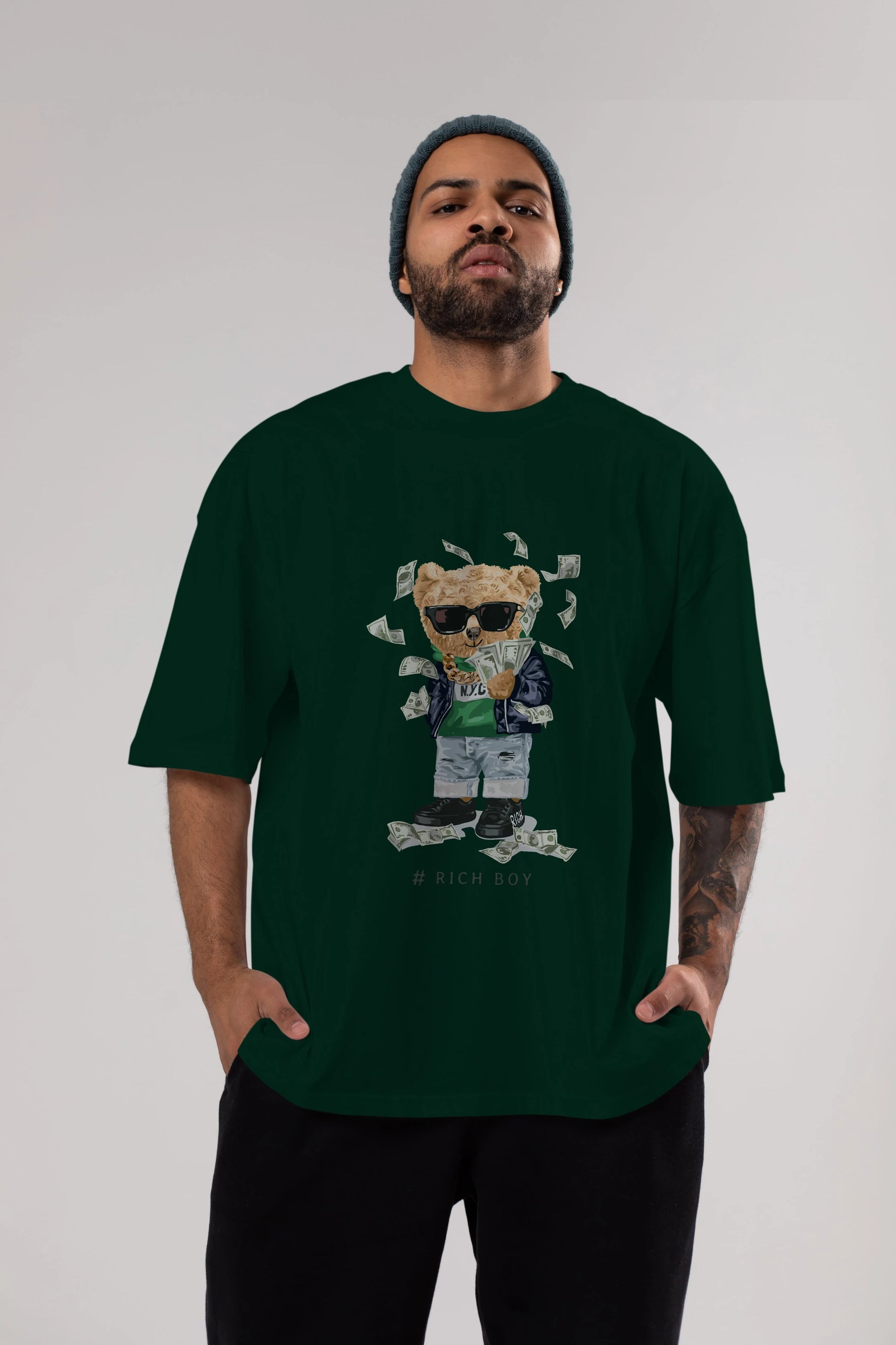 Teddy Bear Rich Boy Ön Baskılı Oversize t-shirt Erkek Kadın Unisex %100 Pamuk